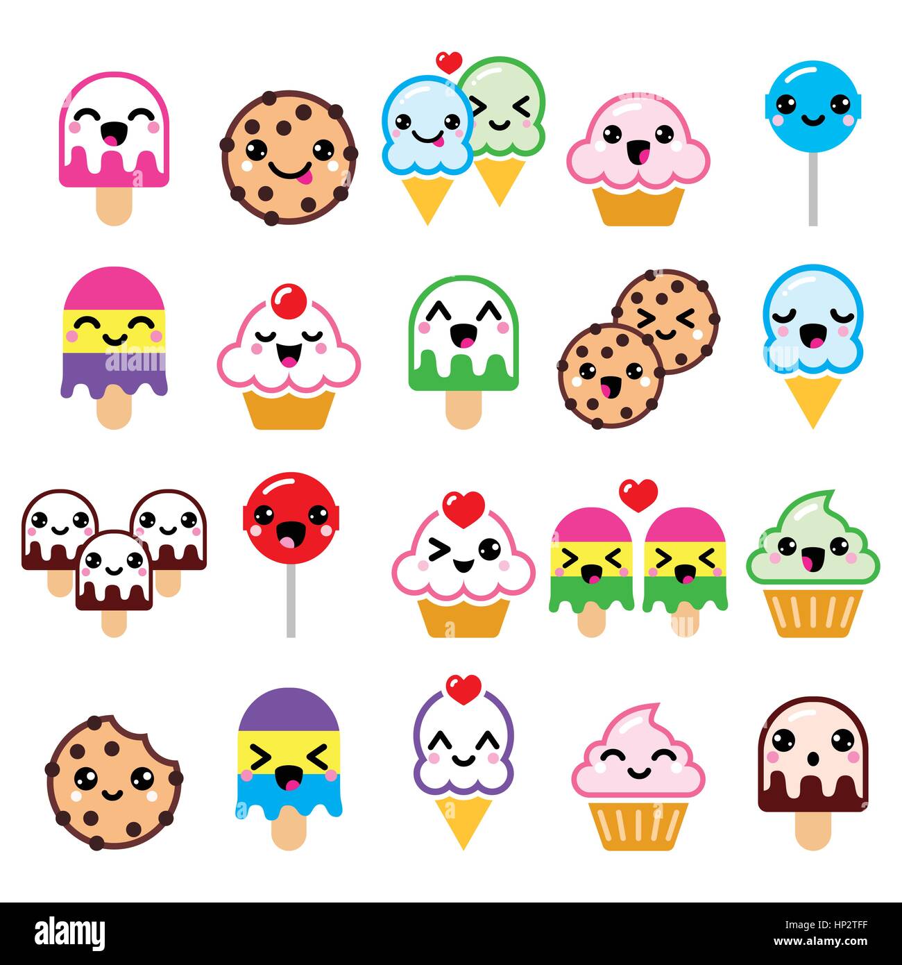 Kawaii Cute cupcake - caractères de l'alimentation, glaces, cookie, icônes  de sucette.Vector icons set de sucreries Kawaii isolated on white Image  Vectorielle Stock - Alamy