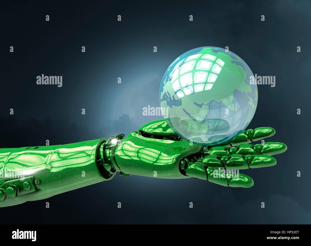 Main robotique holding globe, illustration. Banque D'Images