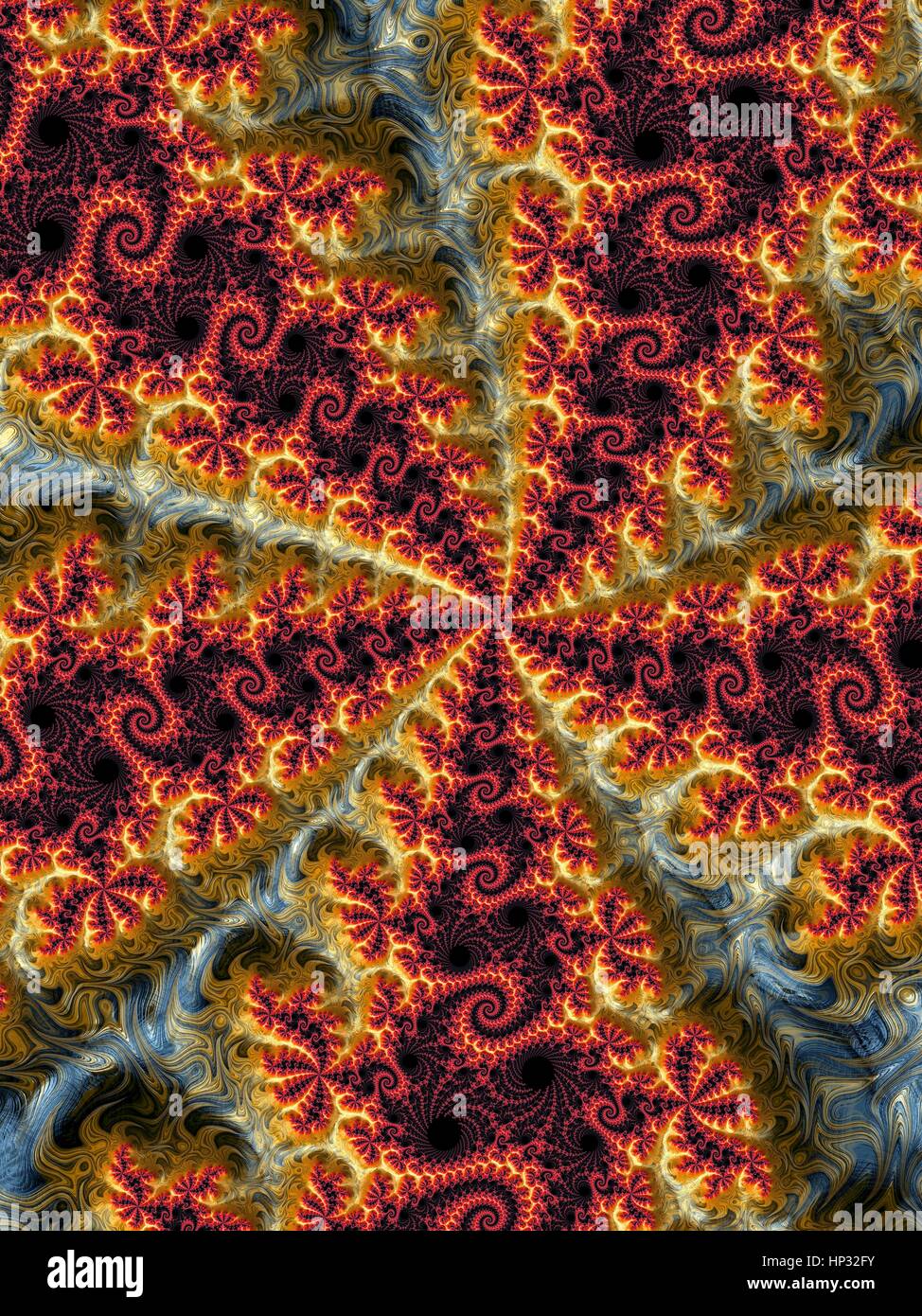 Julia fractal. Fractale dragon généré par ordinateur provenant de l'ensemble de Julia. Les fractales sont des modèles qui sont formés par des subdivisions en utilisant de simples répétées processus mathématique. Les caractéristiques à grande échelle du motif sont répétées pour toujours sur un barème dégressif. L'ensemble de Julia est une classe de formes tracées à partir de nombre complexe coordonnées. Il a été inventé et a étudié au cours de la Première Guerre mondiale par les mathématiciens français Gaston Julia et Pierre Fatou. Les fractales sont utilisées pour modéliser des formes naturelles, comme les flocons de neige, et d'étudier la théorie du chaos. Banque D'Images