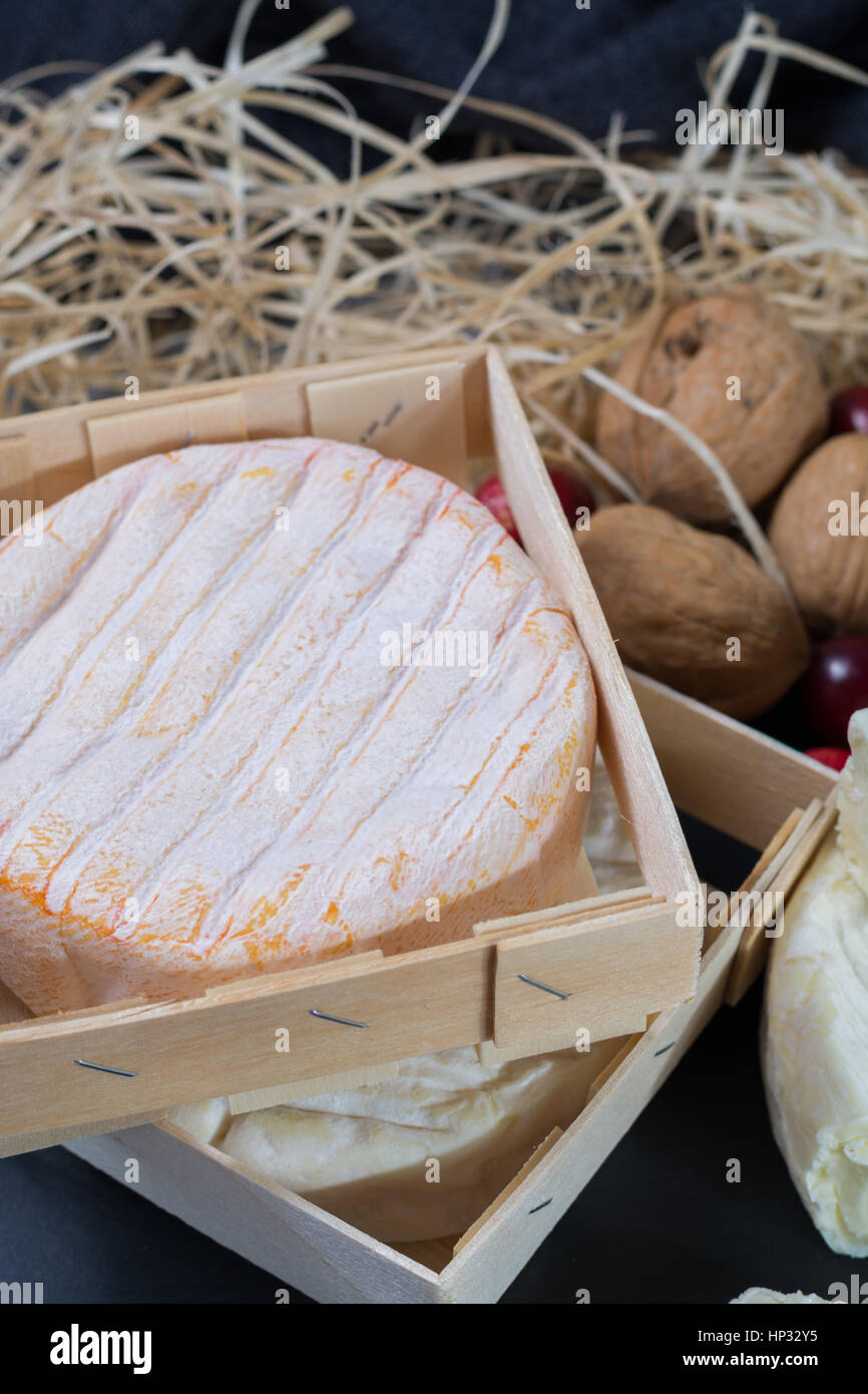 Les fromages français sur plateau en pierre noire Banque D'Images
