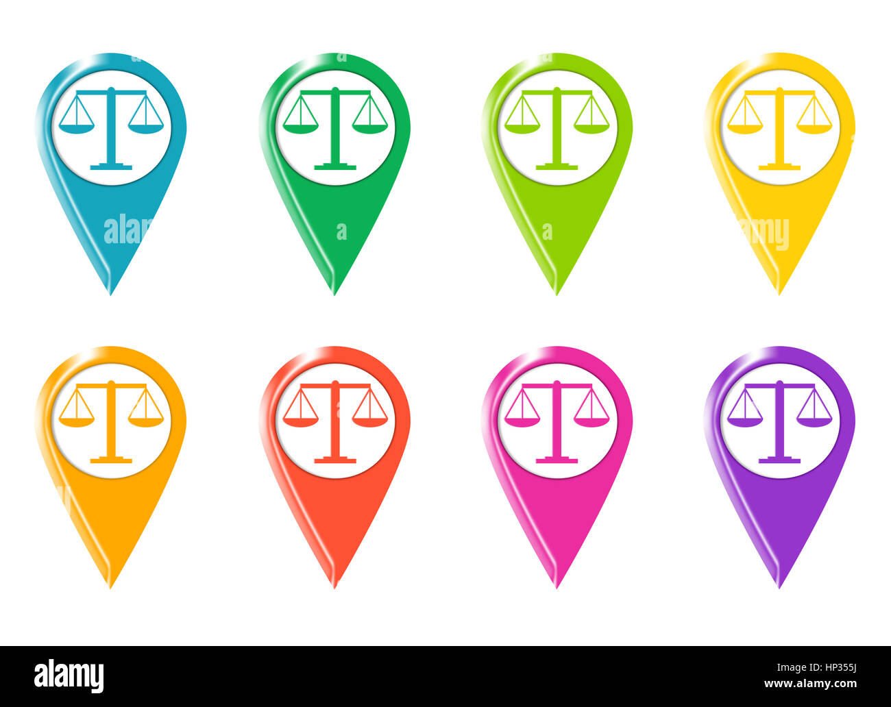 Ensemble de la justice d'icônes ou de marqueurs colorés sur des cartes en bleu, vert, jaune, orange, rouge, rose et violet couleurs Banque D'Images