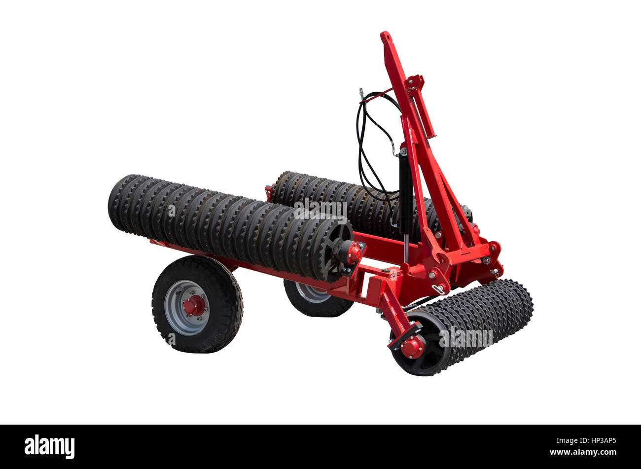Rouleau hydraulique de remorque du tracteur. Sur un fond blanc. Isolées. Banque D'Images