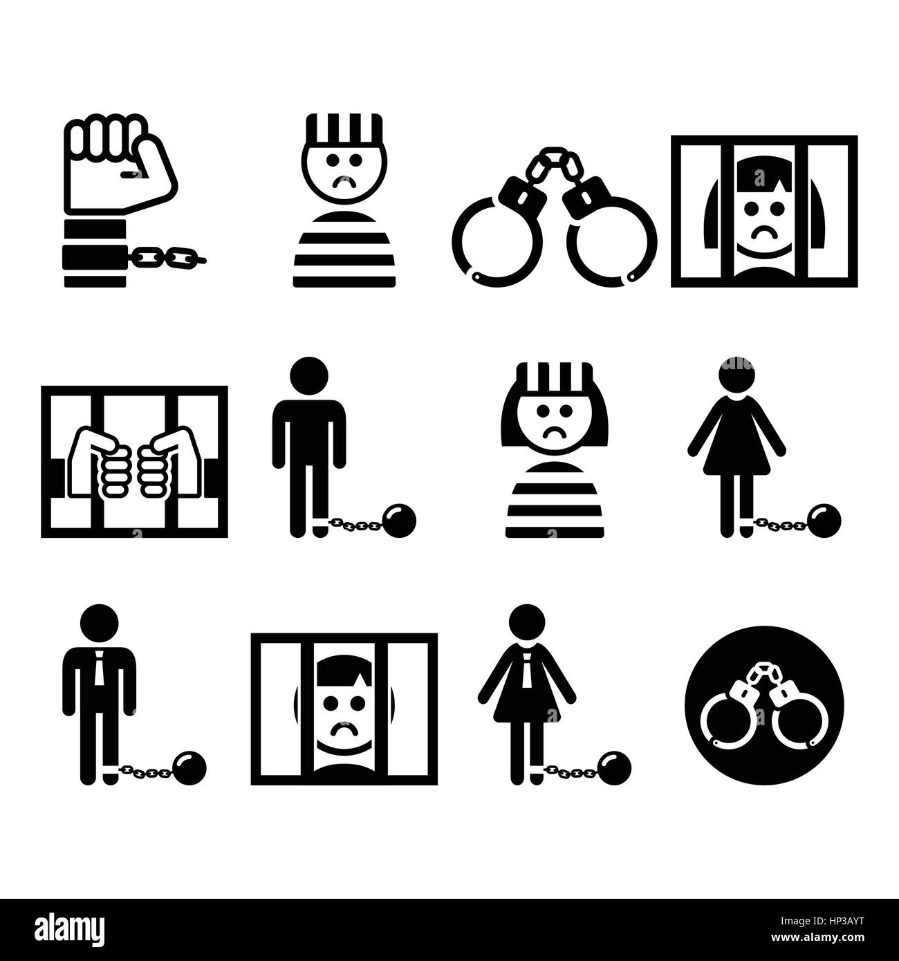 Prisonnier, le crime, l'esclavage vector icons set. Prison, prison black icons set isolated on white Illustration de Vecteur