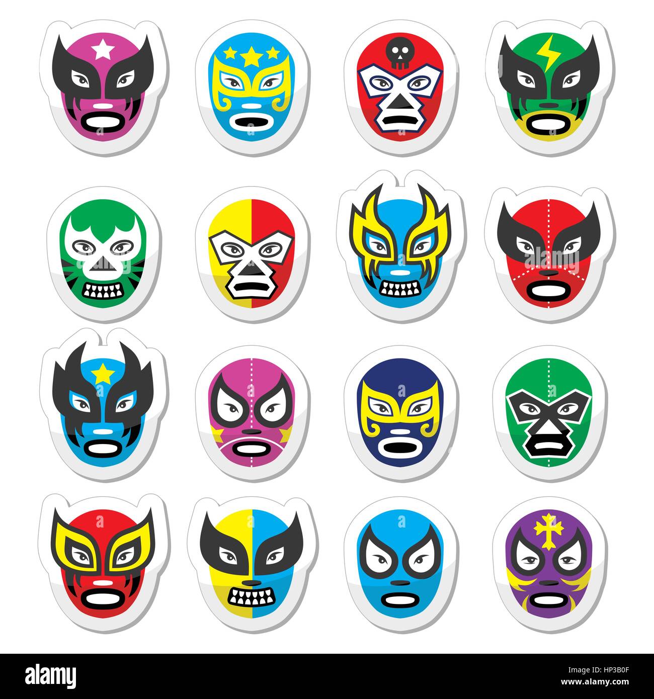 Lucha Libre, les masques de catch mexicain luchador icônes. Vector icons set de masques portés lors des combats de lutte au Mexique isolated on white Illustration de Vecteur