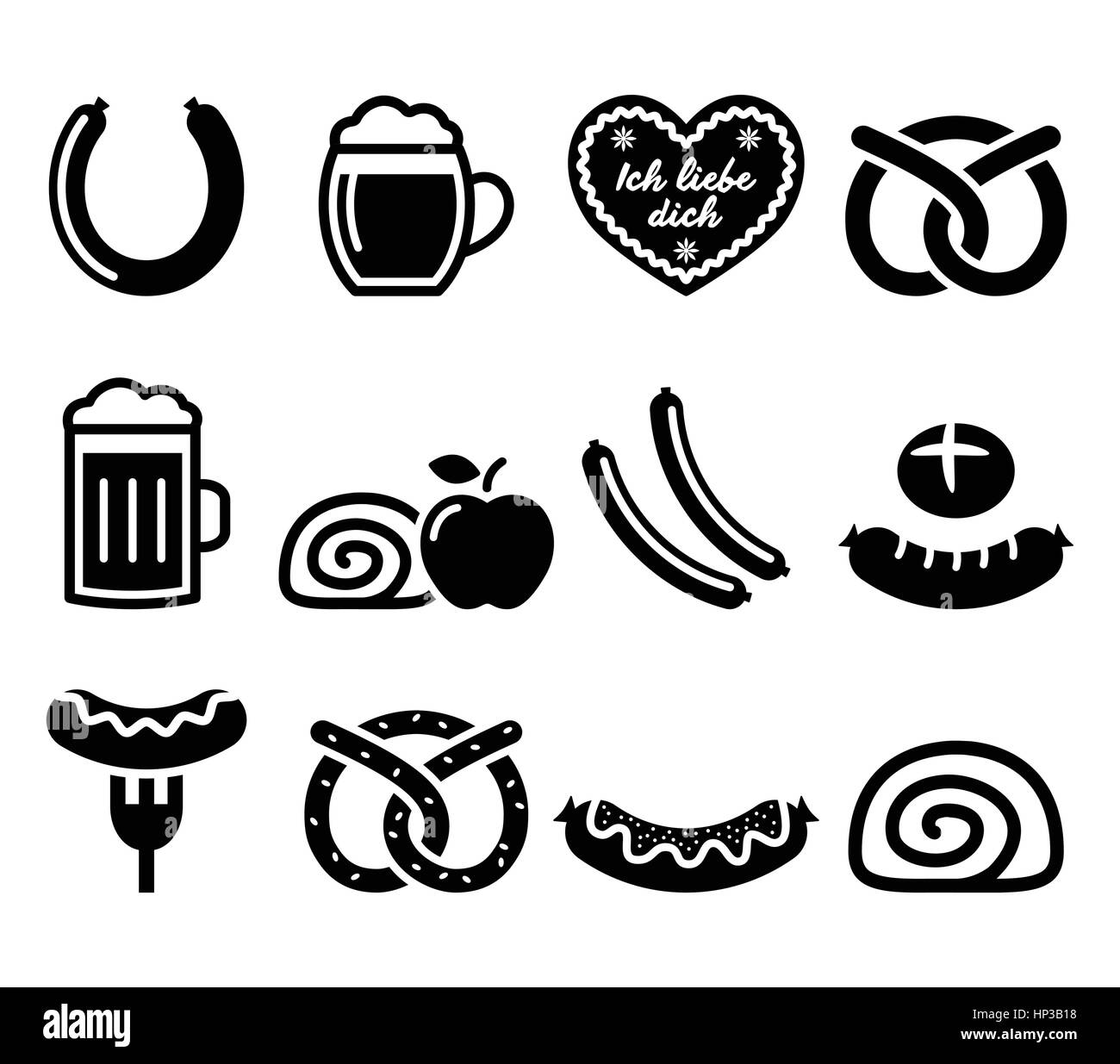 La nourriture allemande - saucisses, curry wurst, bière, pretzel, strudel aux pommes. Vector icons Set de cuisine traditionnelle de l'Allemagne isolated on white Illustration de Vecteur