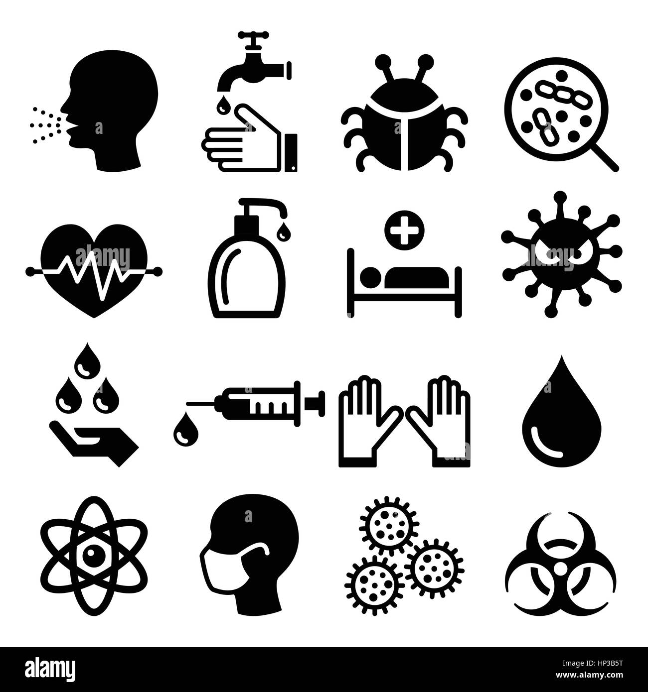 L'infection, virus - Santé icons set. Vector icons set de bactéries, être malade isolated on white Illustration de Vecteur