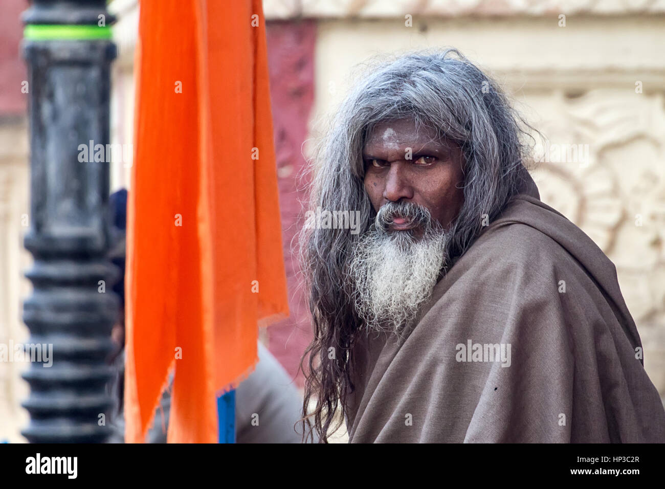 Un gros plan/portrait d'un bawa/sadhu à Pushkar Pushkar mela/ville durant le salon, avec de longs cheveux et barbe longue, à la recherche dans l'appareil photo Banque D'Images