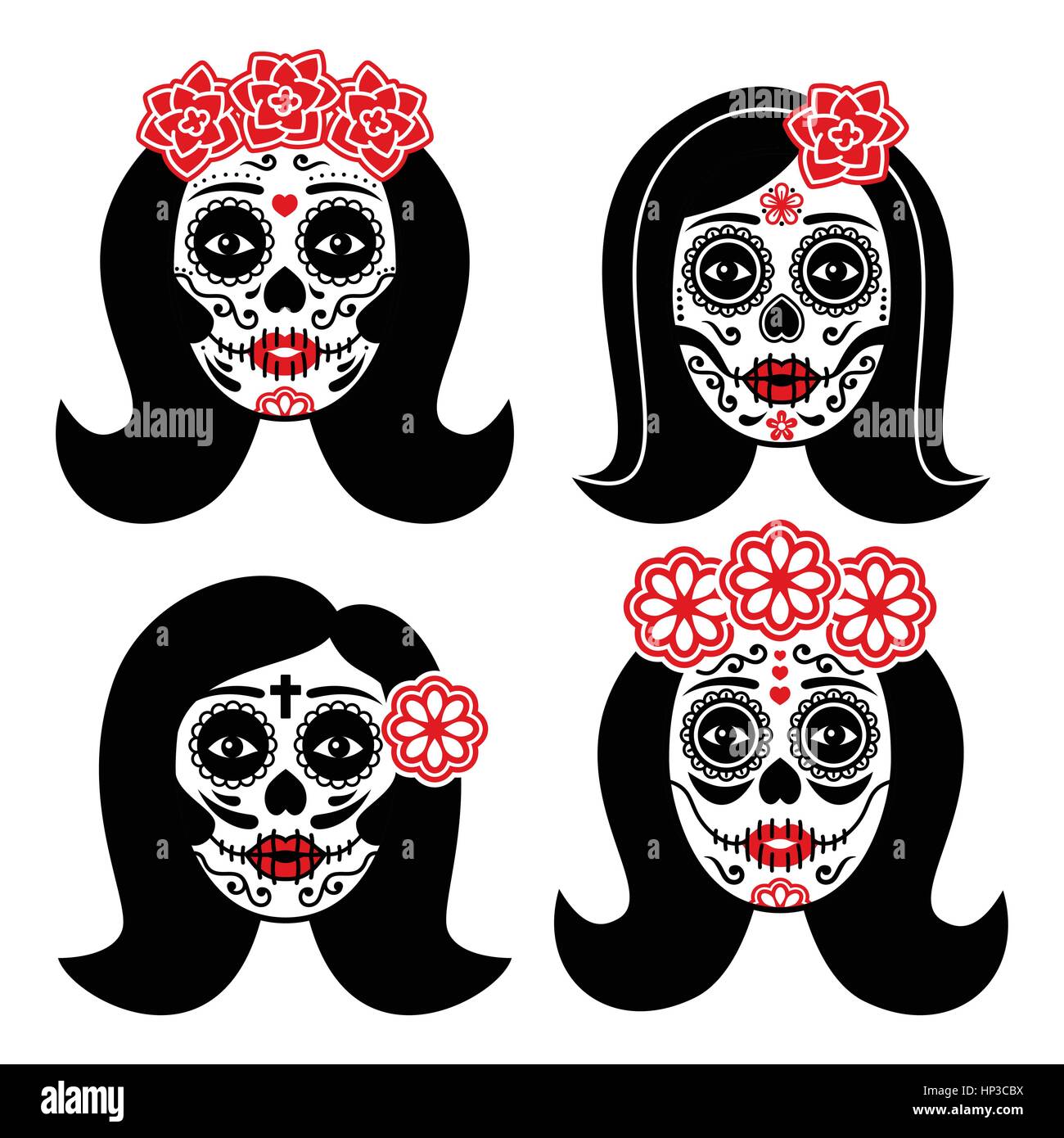 La mexicaine Catrina - Jour de la Dead Girl Description crâne Dia de los Muertos, crâne femme icons set isolated on white Illustration de Vecteur