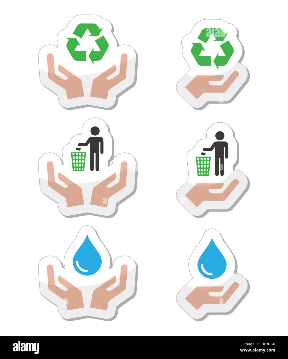 Les mains avec des symboles, de l'écologie verte icons set. Eco Vector icons set isolated on white - recyclage, ecology concept Illustration de Vecteur