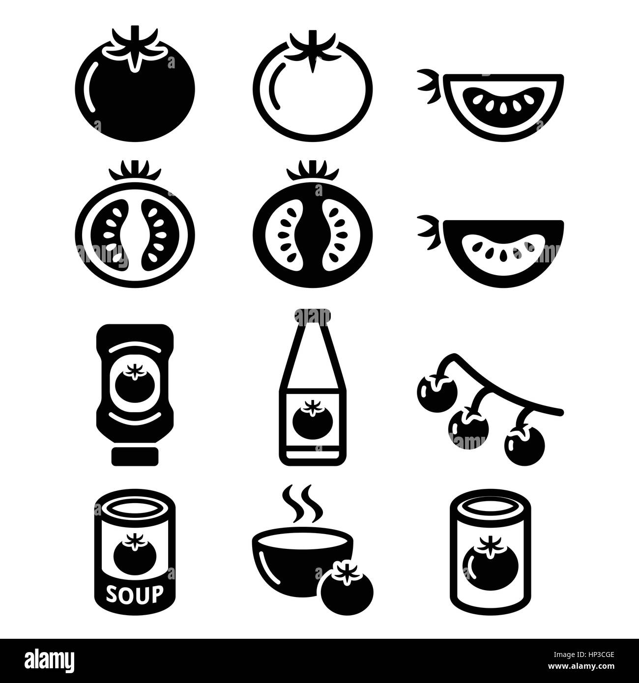 Tomate, ketchup, soupe de tomate icons set. Vector icons set alimentaires tomates isolated on white Illustration de Vecteur