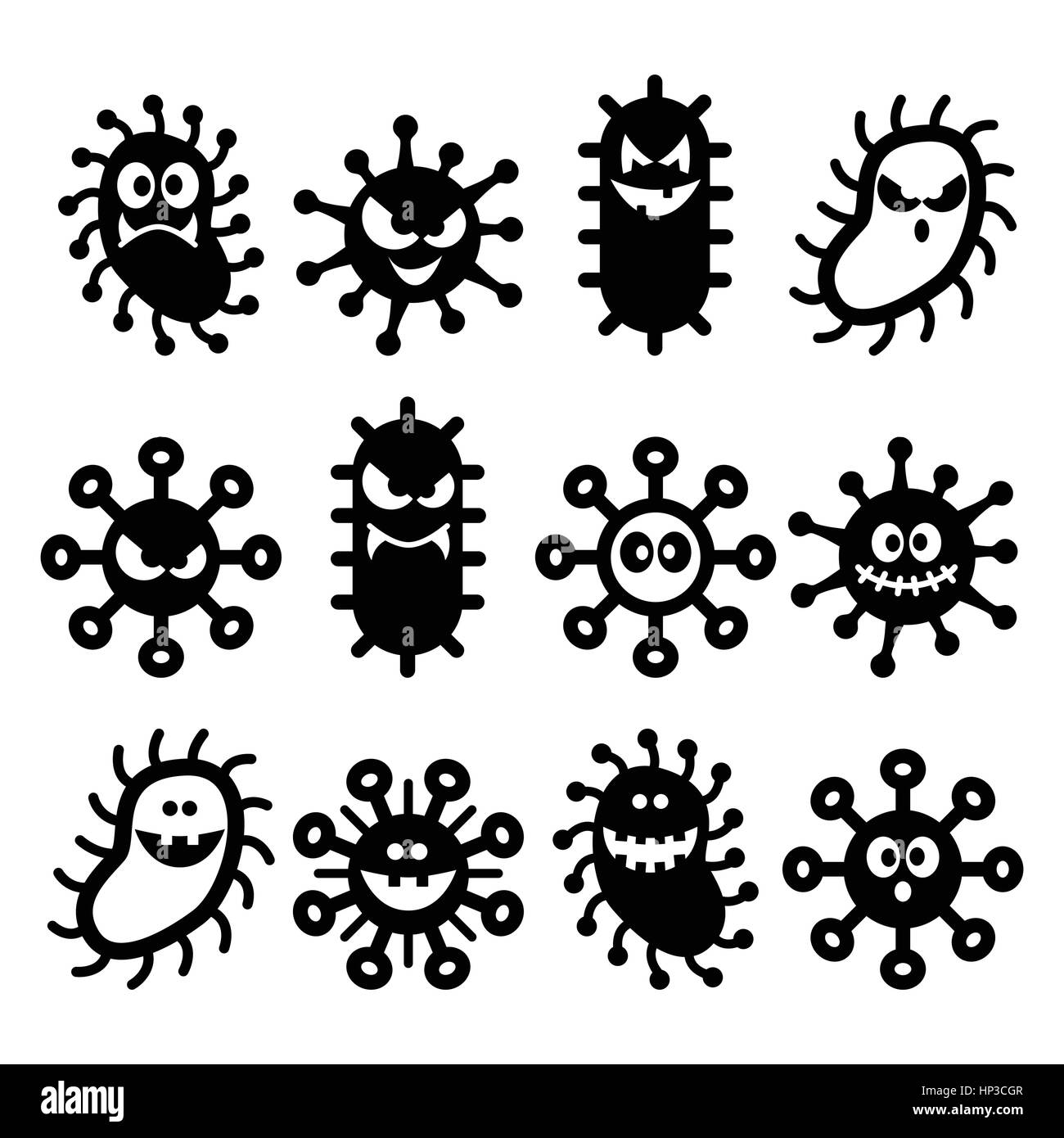 Les bactéries, virus, superbug chracters de moyenne, faces en colère icons set. Vector icons set de formes différentes de bactéries isolated on white Illustration de Vecteur