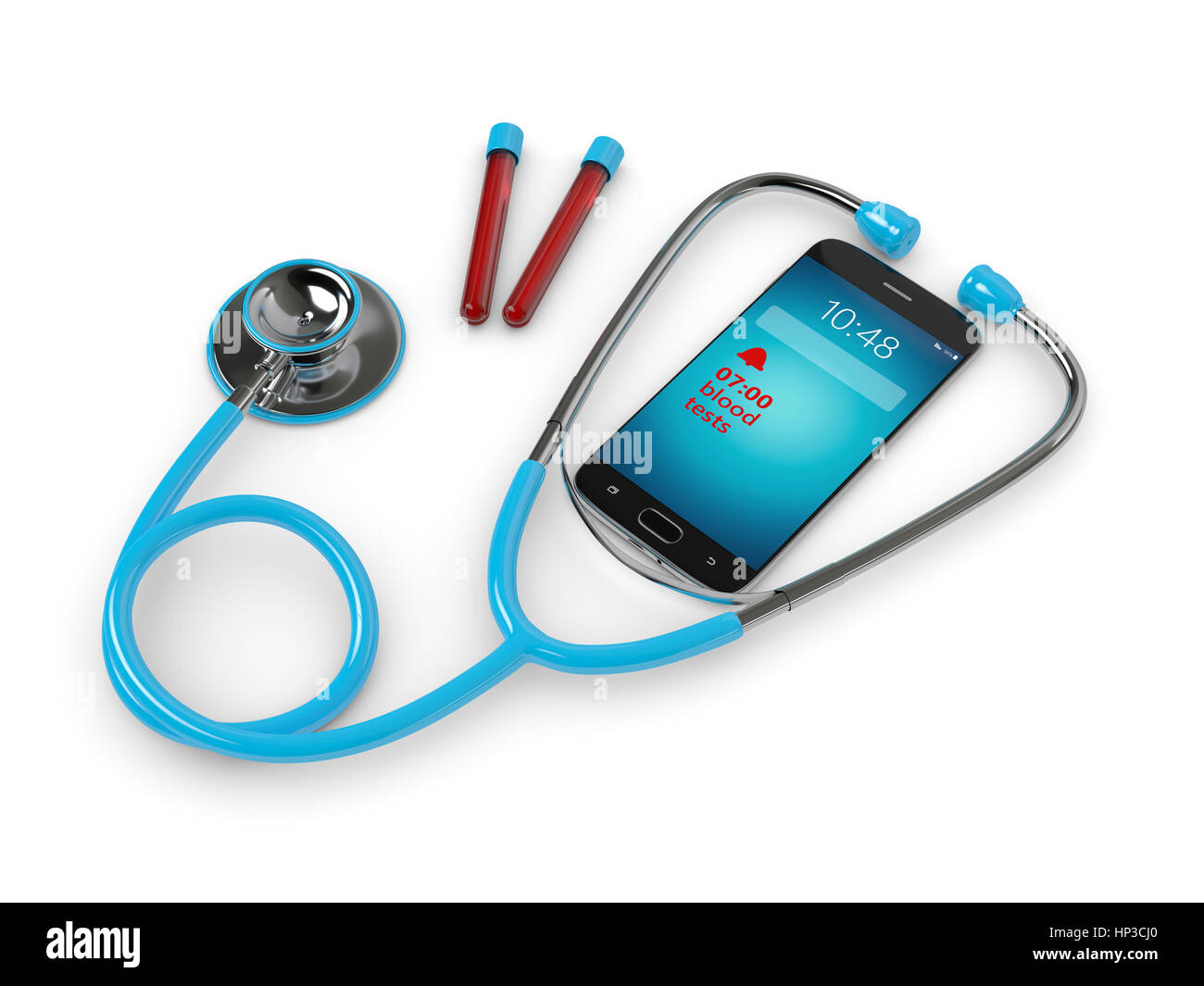 Le rendu 3D de blue stethoscope et téléphone mobile avec du sang test d'alerte Banque D'Images