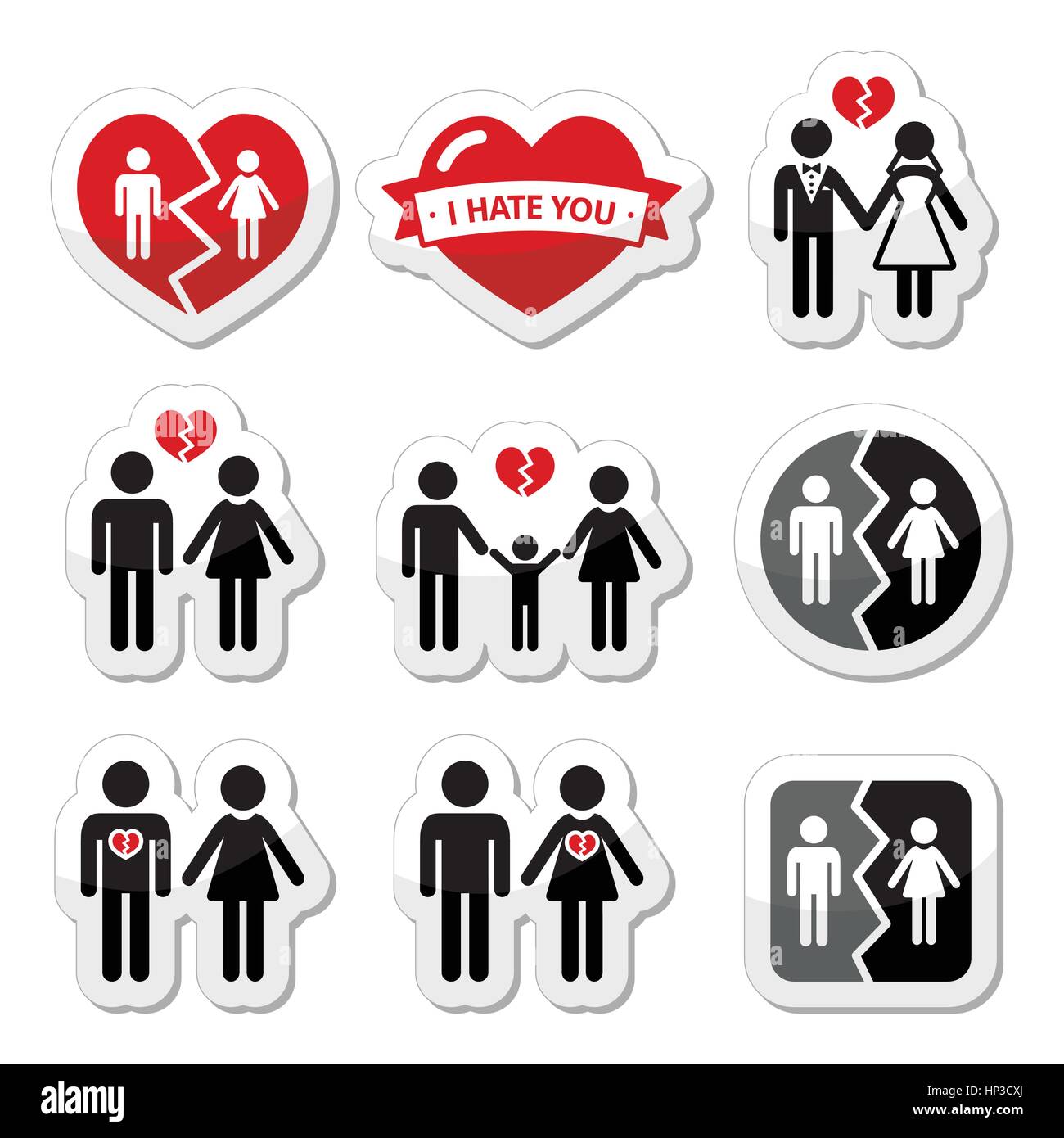 Rupture de couple, divorce, famille brisée vector icons set. Icons set isolé sur blanc - cœur brisé concept Illustration de Vecteur