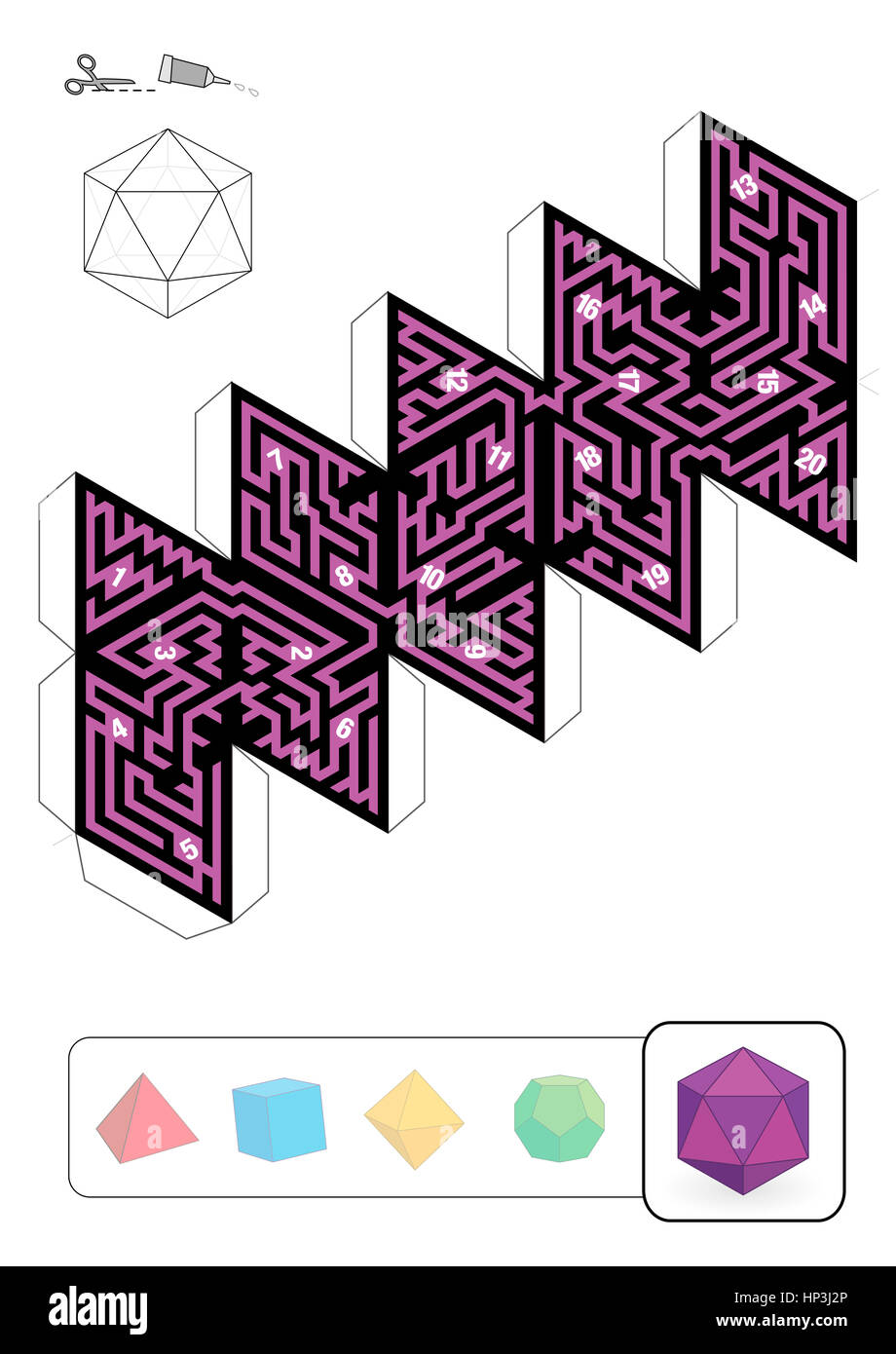 Icosaèdre MAZE - modèle de l'un des cinq solides platoniciens labyrinthes - Imprimer sur du papier épais, découpez-le, faire un modèle 3D Banque D'Images