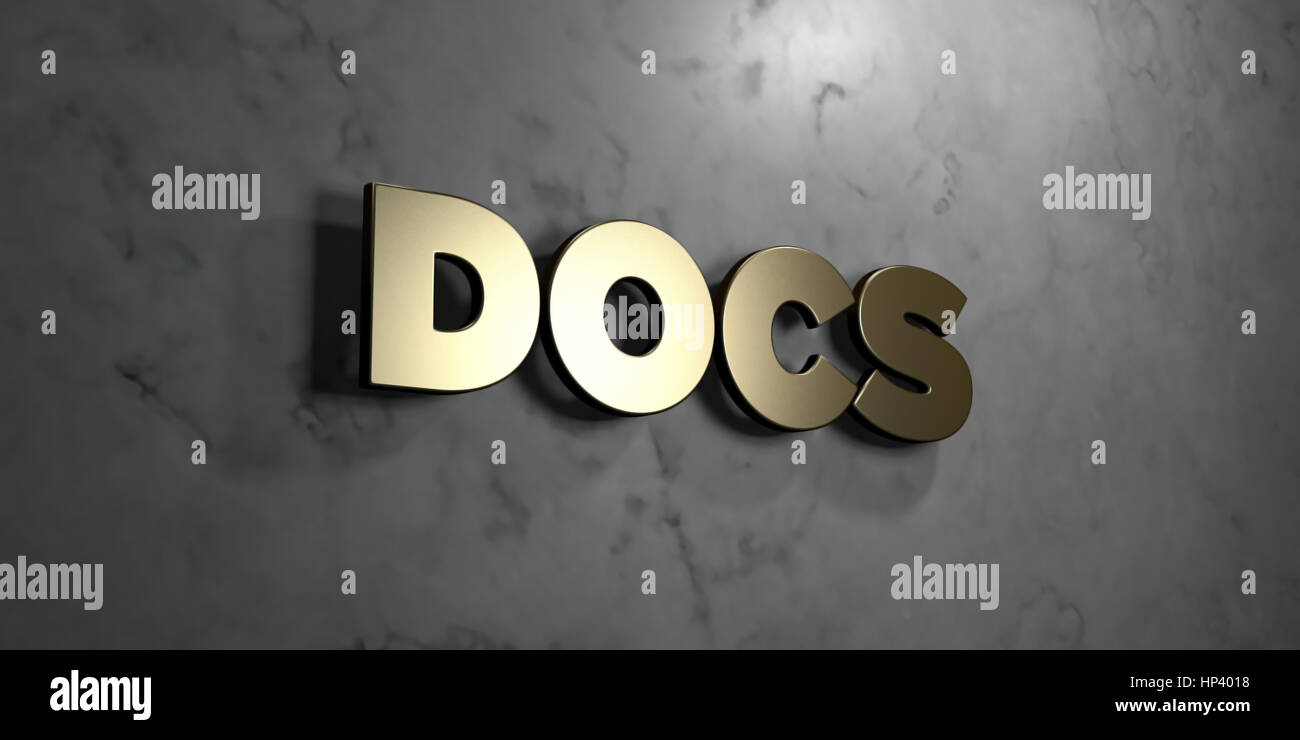 Docs - signe d'or monté sur le mur de marbre brillant - rendu 3D illustration libres de droits. Cette image peut être utilisée pour un site web en ligne bannière publicitaire Banque D'Images