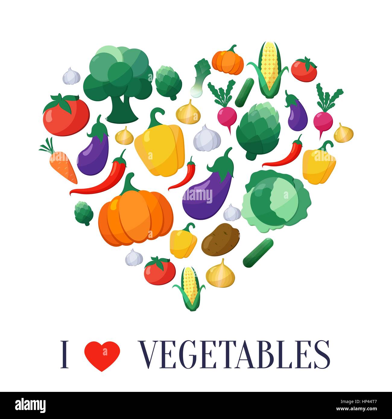 Légumes Vector Icons Set Style plat en forme de coeur avec l'aubergine, la carotte, paprika, artichaut, maïs, radis, potiron, pomme de terre, poireau, poivre, l'oignon, B Illustration de Vecteur