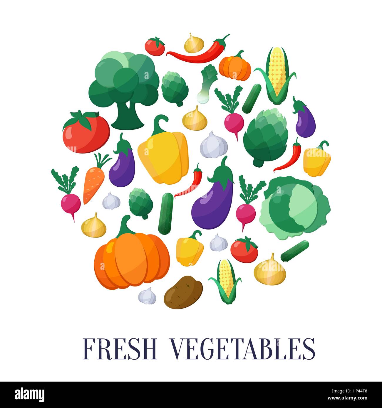 Vector Icons Set Style plat de légumes en forme de cercle à l'aubergine, la carotte, paprika, artichaut, maïs, radis, potiron, pomme de terre, poireau, poivre, l'oignon, Illustration de Vecteur