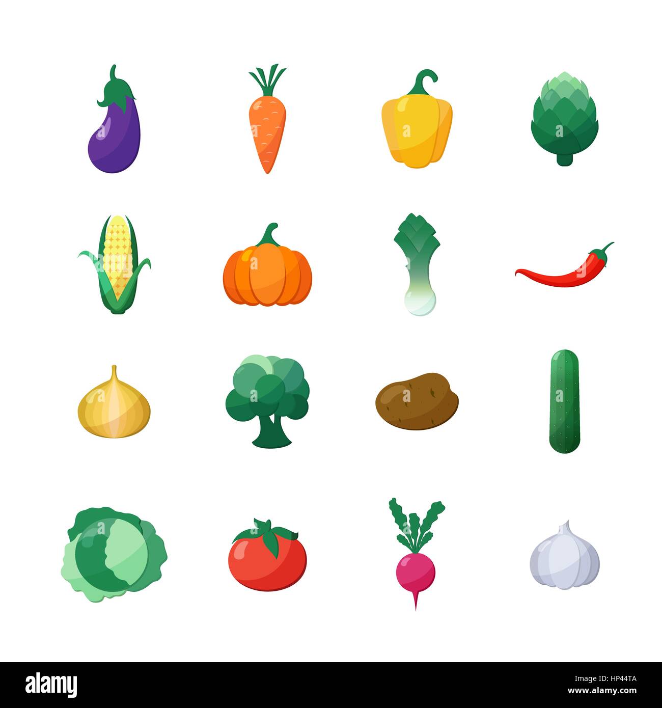 Vector Icons Set Style plat Légumes Isolated over White à l'aubergine, la carotte, paprika, artichaut, maïs, radis, potiron, pomme de terre, poireau, poivre, Oni Illustration de Vecteur