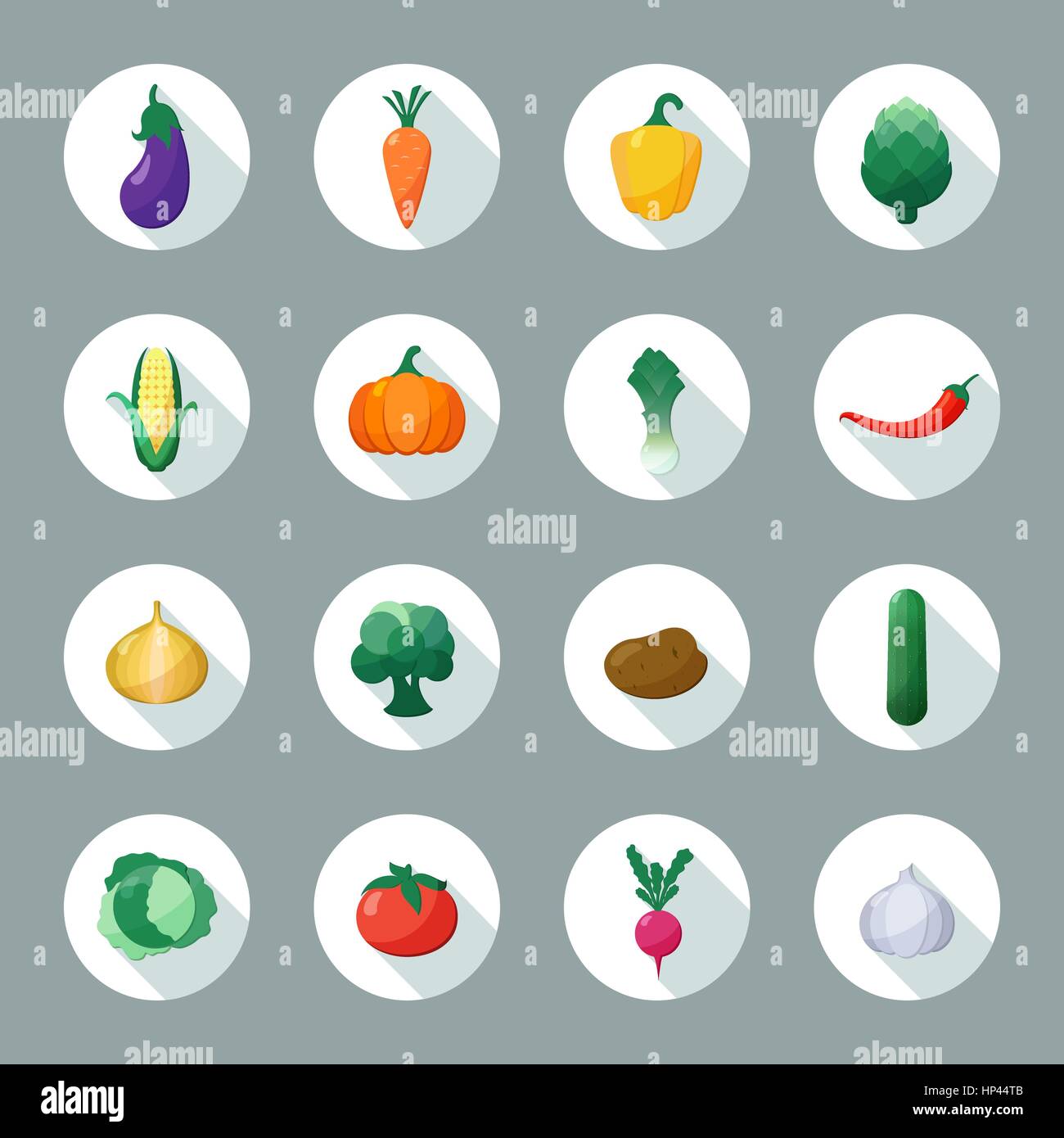 Vector Icons Style plat de légumes avec ombre portée de l'ensemble avec l'aubergine, la carotte, paprika, artichaut, maïs, radis, potiron, pomme de terre, poireau, poivre, l'Oignon Illustration de Vecteur