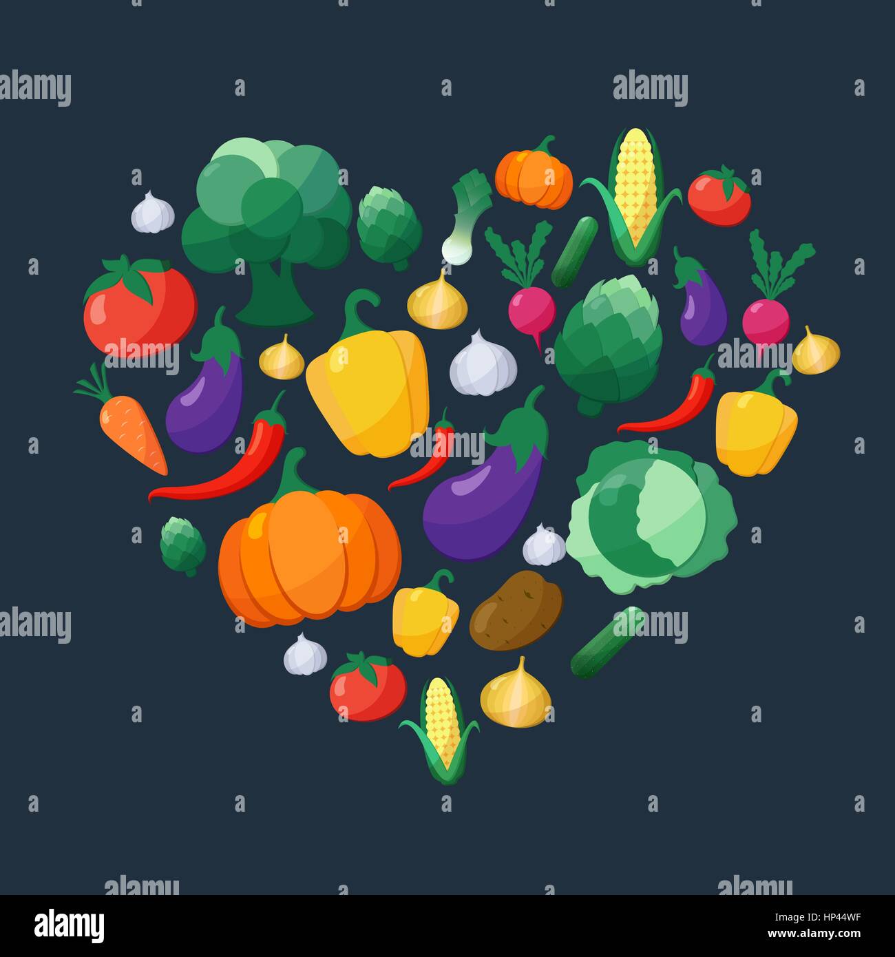 Légumes Vector Icons Set Style plat en forme de coeur sur fond sombre à l'aubergine, la carotte, paprika, artichaut, maïs, radis, potiron, pomme de terre, L Illustration de Vecteur
