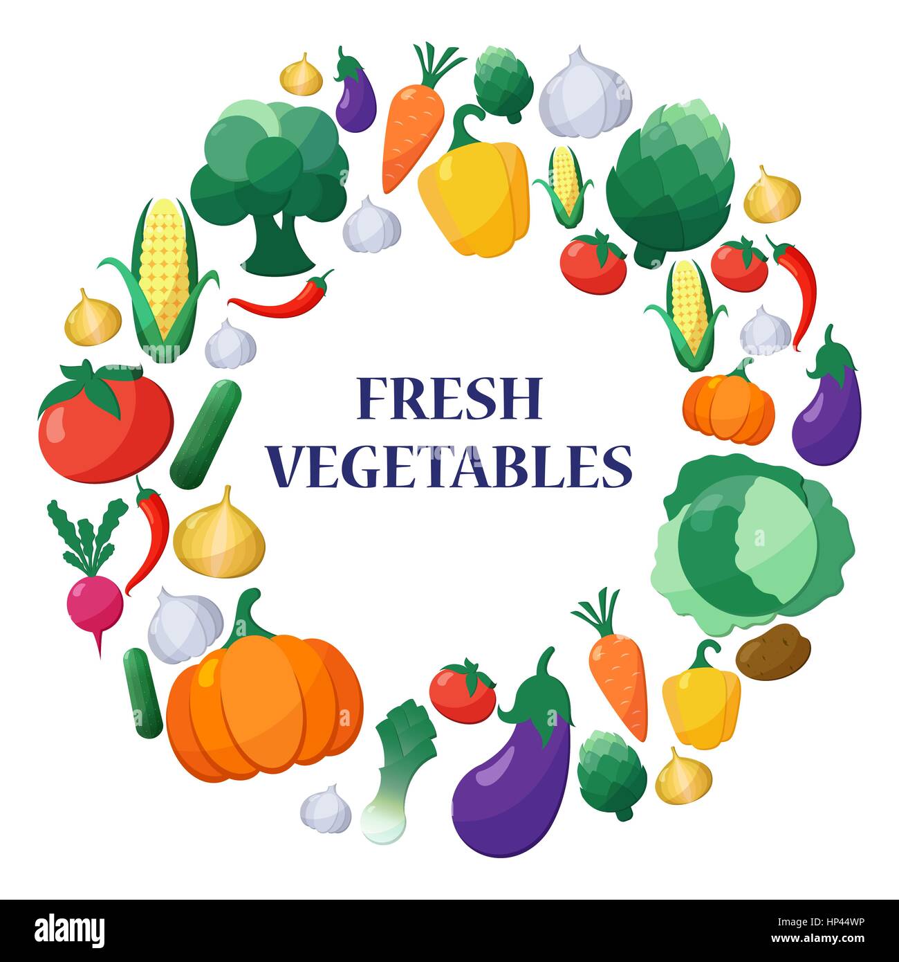 Télévision en légumes Style vecteur forme du cercle à l'aubergine, la carotte, paprika, artichaut, maïs, radis, potiron, pomme de terre, poireau, poivre, l'oignon, le brocoli, Illustration de Vecteur