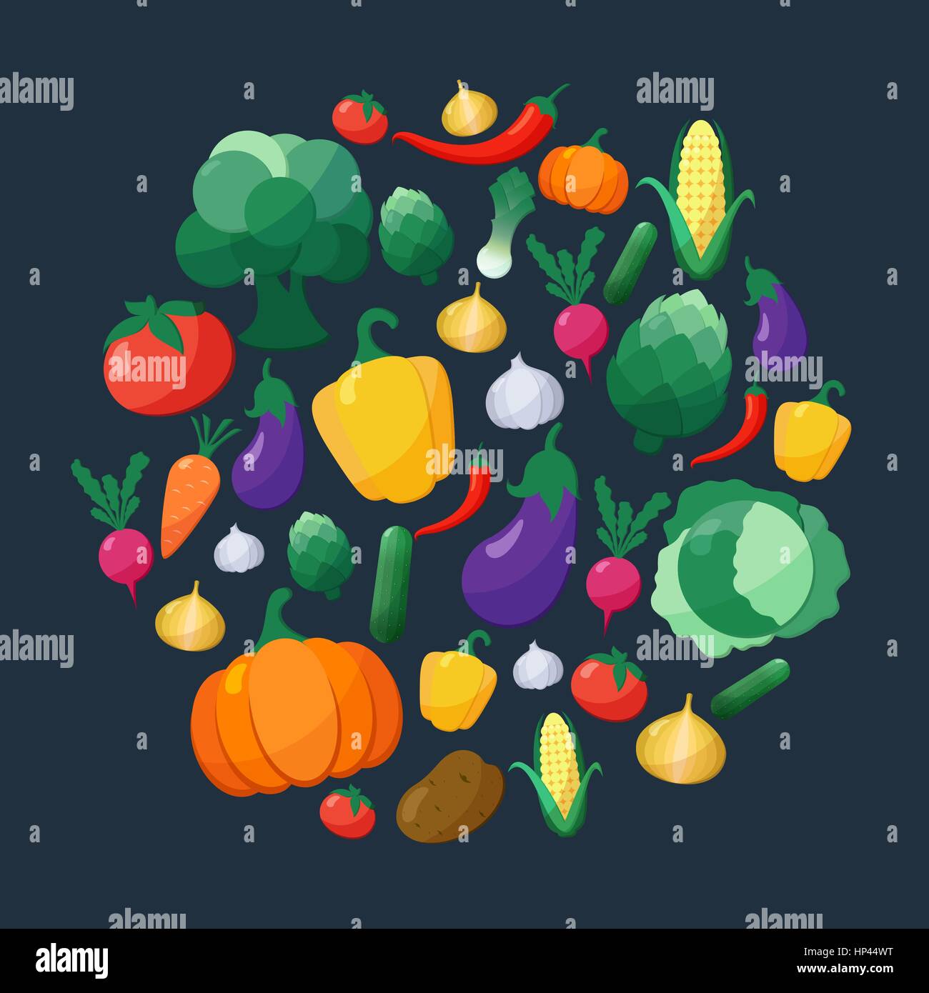 Vector Icons Set Style plat de légumes en forme de cercle sur fond sombre à l'aubergine, la carotte, paprika, artichaut, maïs, radis, potiron, pomme de terre, Illustration de Vecteur