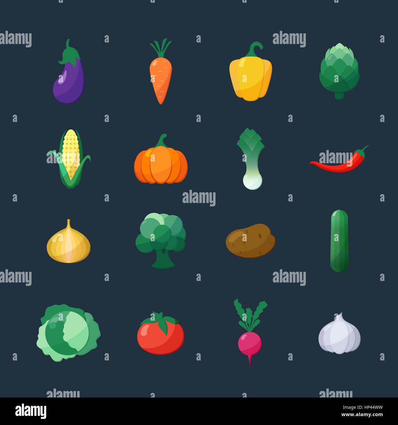 Vector Icons Set Style plat de légumes sur fond sombre isolés à l'aubergine, la carotte, paprika, artichaut, maïs, radis, potiron, pomme de terre, poireau, P Illustration de Vecteur