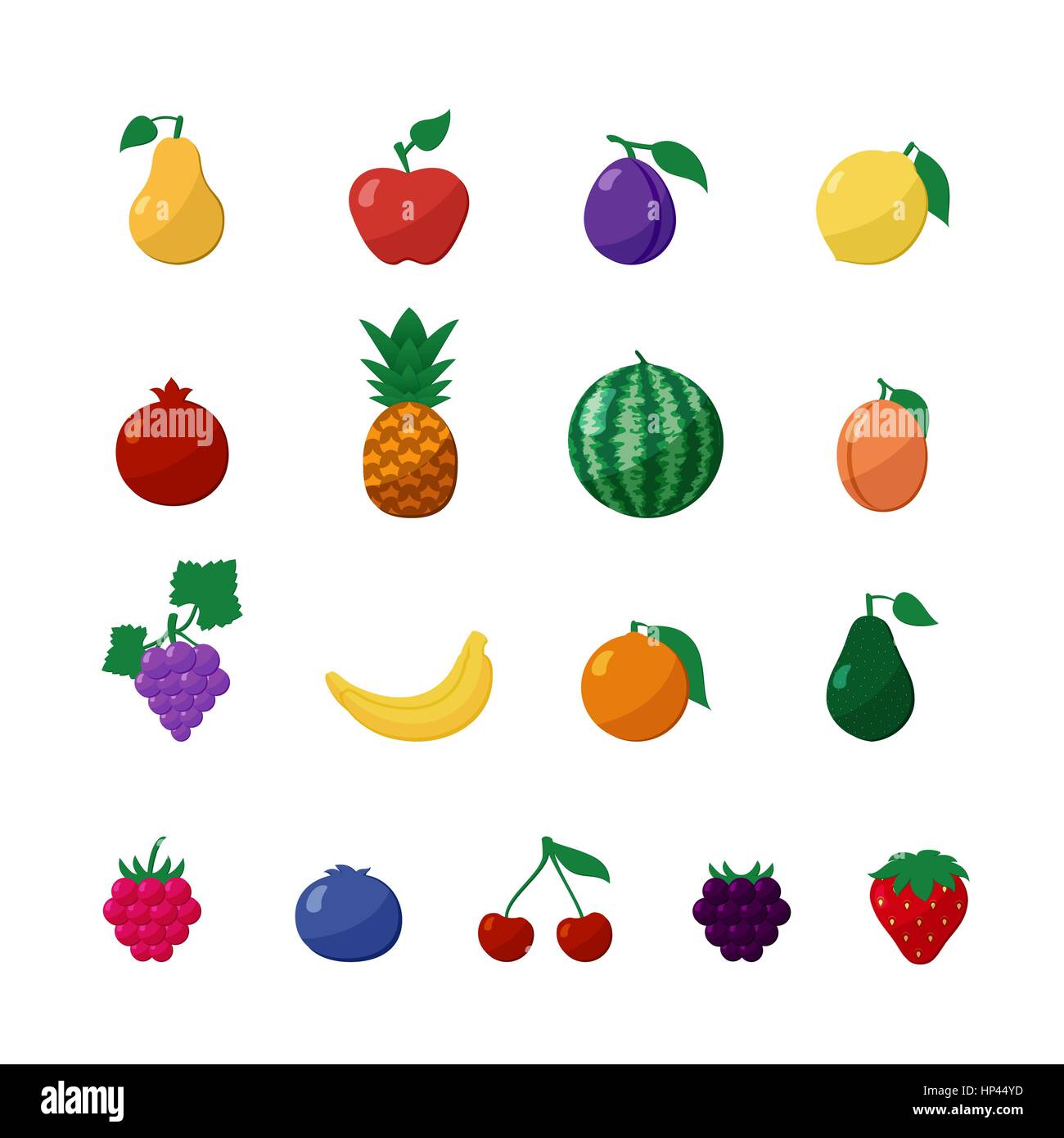 Vector Icons Fruits et de baies dans un style plat Set Isolated over White avec pomme, poire, banane, citron, cerise, fraise, framboise, myrtille, noir Illustration de Vecteur