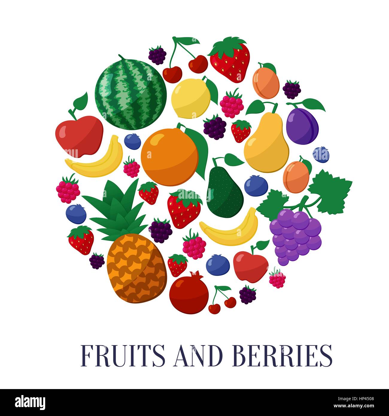Fruits et baies Vector Icons Set Style plat en forme de cercle sur fond blanc isolé avec pomme, poire, banane, citron, cerise, fraise, Ra Illustration de Vecteur