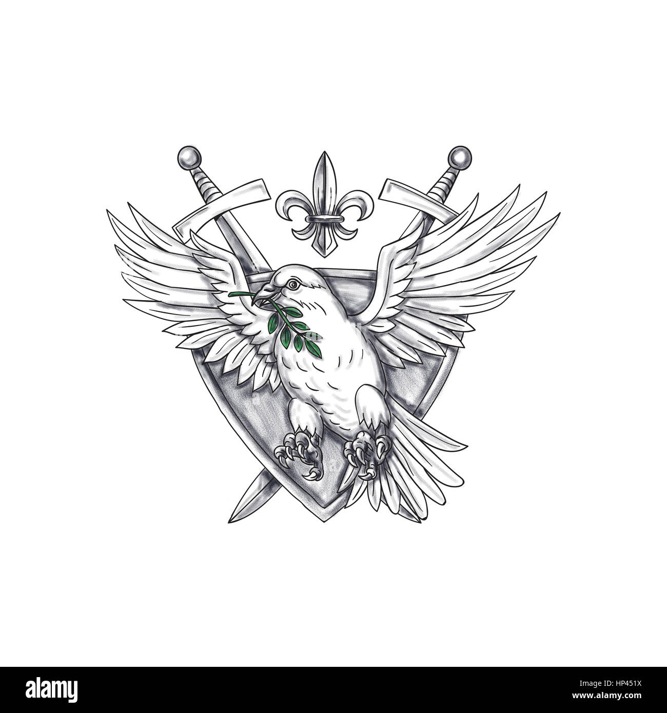 Illustration style de tatouage d'une colombe avec la feuille d'olivier dans son bec situé à l''intérieur de la crête du bouclier à l'épée et fleur de lis dans l'arrière-plan. Banque D'Images