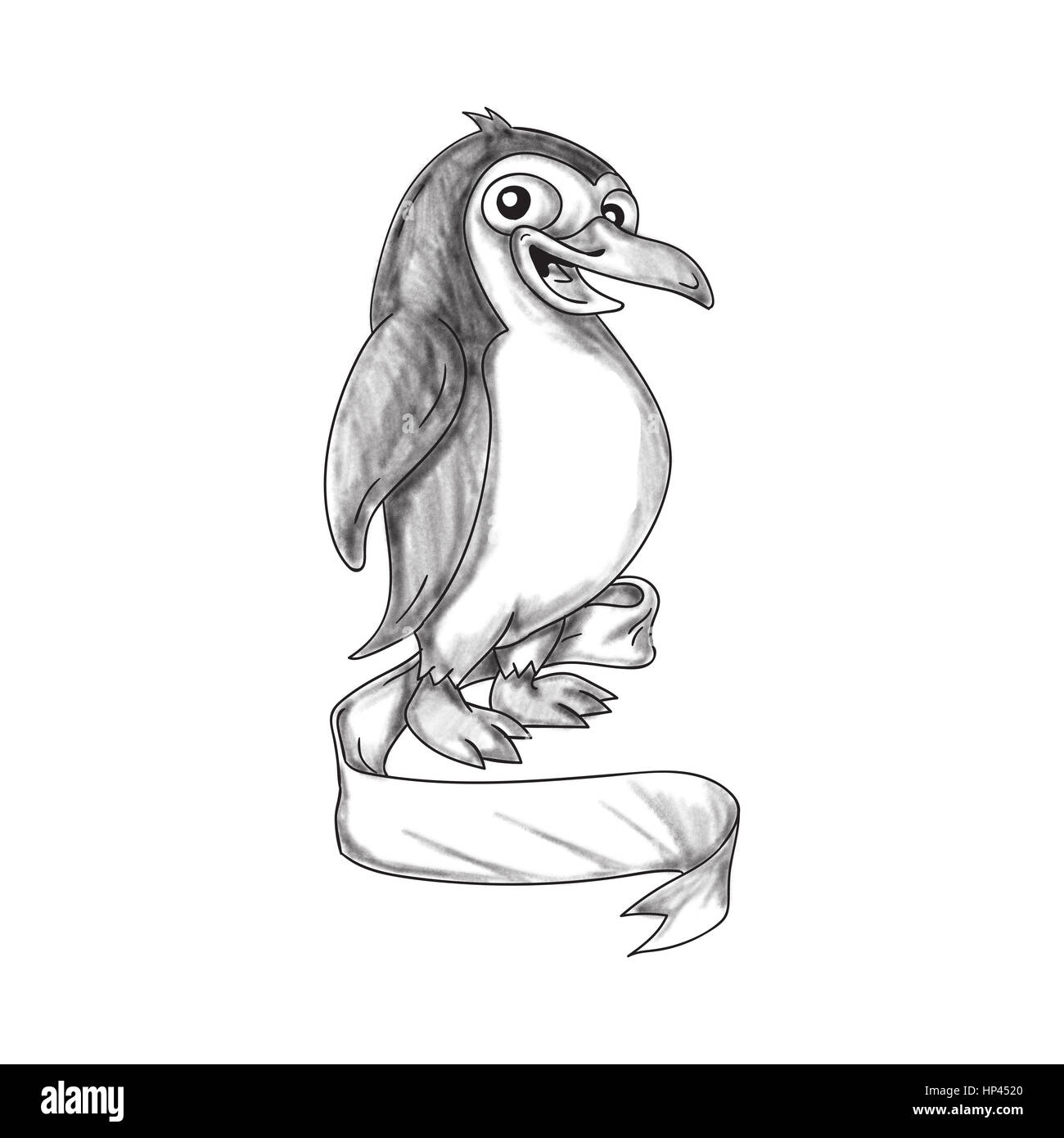 Illustration d'un style de tatouage un pingouin, oiseau aquatique vu du côté situé sur fond blanc isolé avec défilement du ruban. Banque D'Images