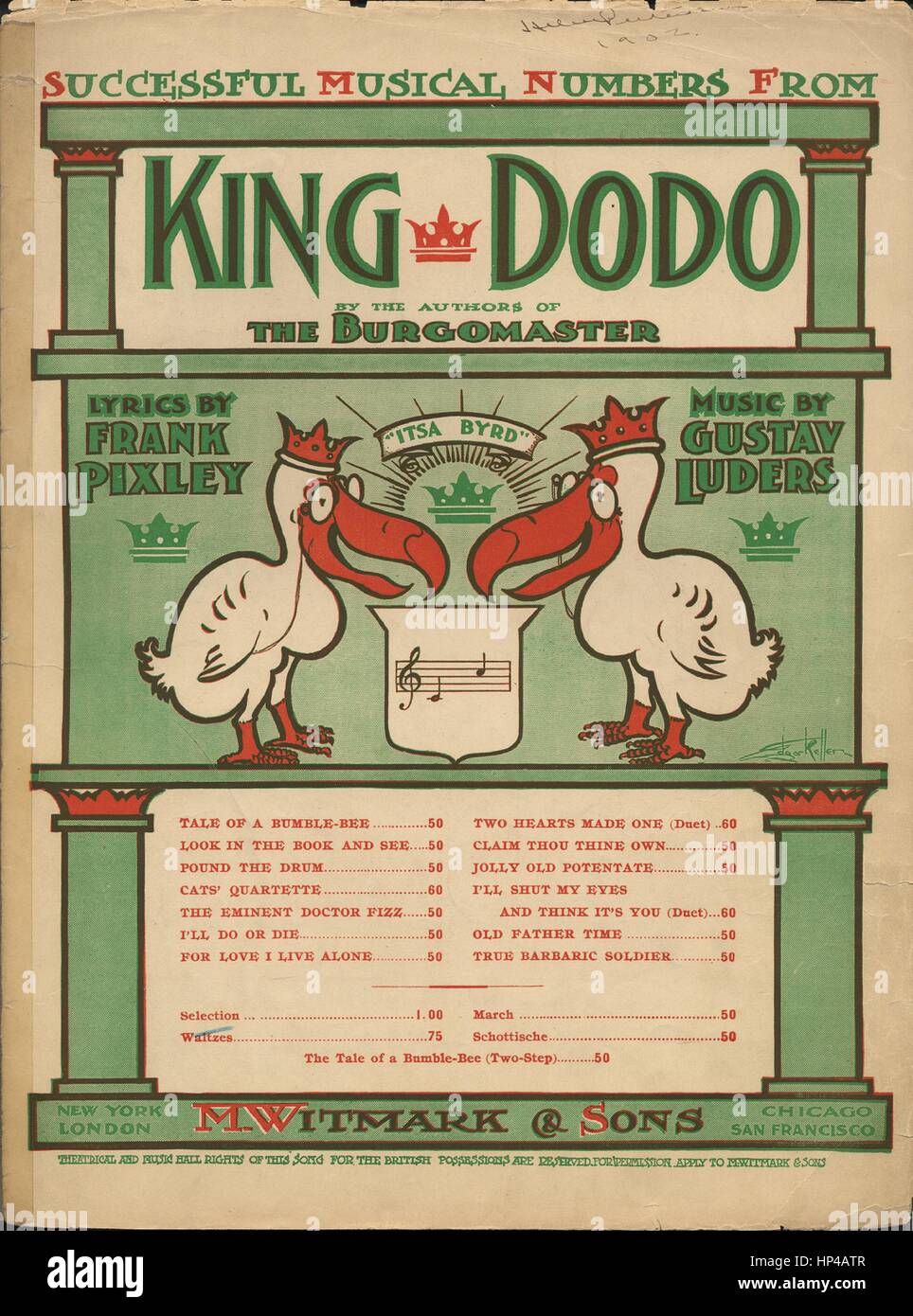 Image de couverture partitions de la chanson 'Selection [sic] de Pixley et Luders' de la comédie musicale 'Le Roi Dodo'', avec l'auteur original "Lecture notes de Gustav Luders Arr par Hilding Anderson', United States, 1901. L'éditeur est répertorié comme 'M. Witmark et fils', la forme de composition est 'sectional', l'instrumentation est 'piano', la première ligne se lit 'Aucun', et l'illustration artiste est répertorié comme 'Edgar Keller'. Banque D'Images