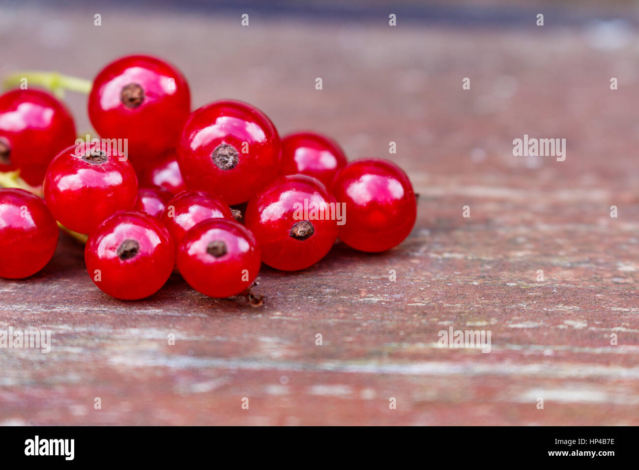 Jardin bio fruits rouges sur le vieux bois, table à partir de ci-dessus. groseille. Banque D'Images