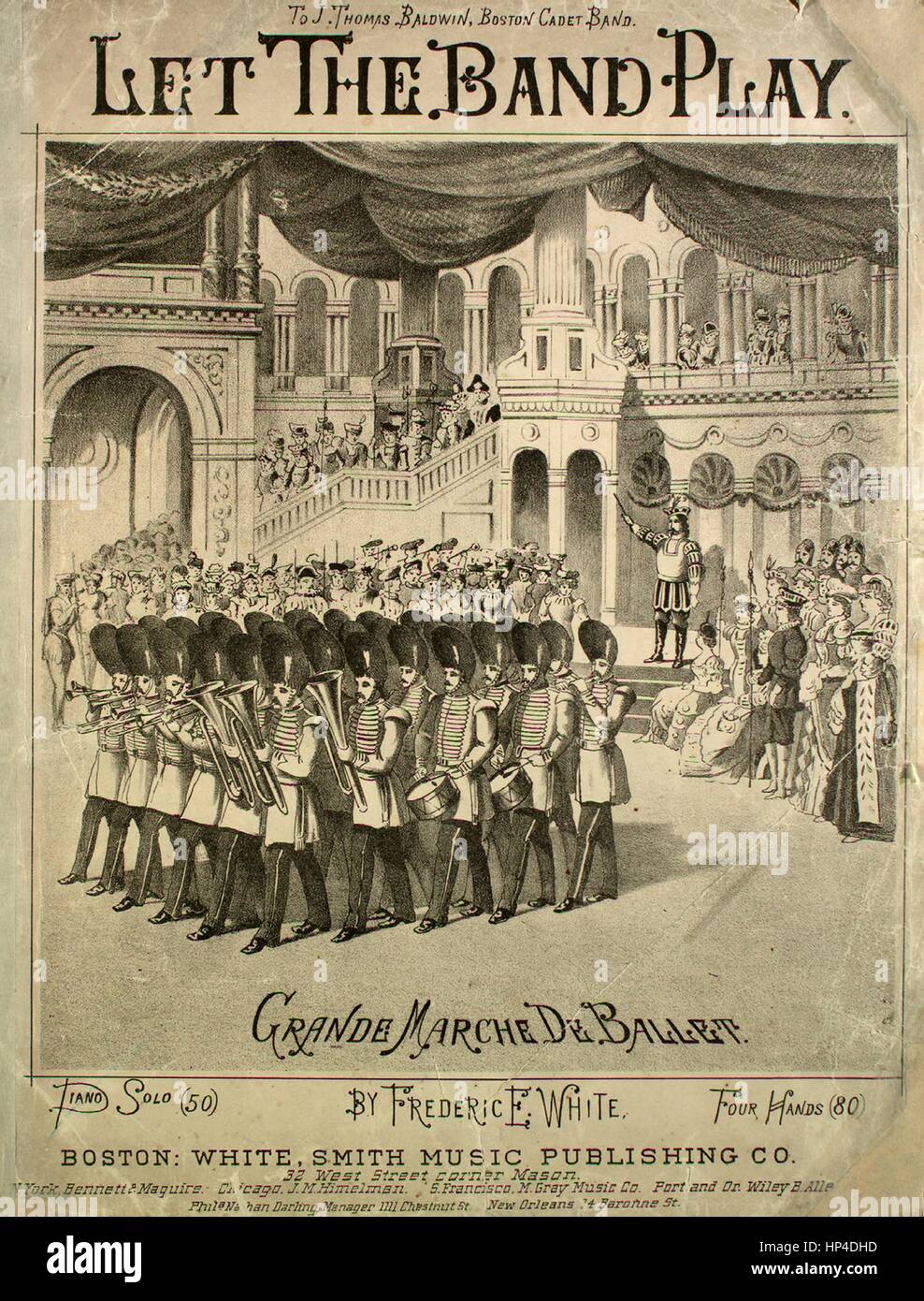 Sheet Music image de couverture de la chanson 'Laissez jouer le Groupe Grande marche de Ballet', avec l'auteur original "Lecture notes par Frederic E White', United States, 1890. L'éditeur est répertorié comme 'White, Smith Music Publishing Co., 32 West Street, Corner Mason', la forme de la composition est 'da capo', l'instrumentation est 'piano', la première ligne se lit 'Aucun', et l'illustration artiste est répertorié comme 'Aucun'. Banque D'Images