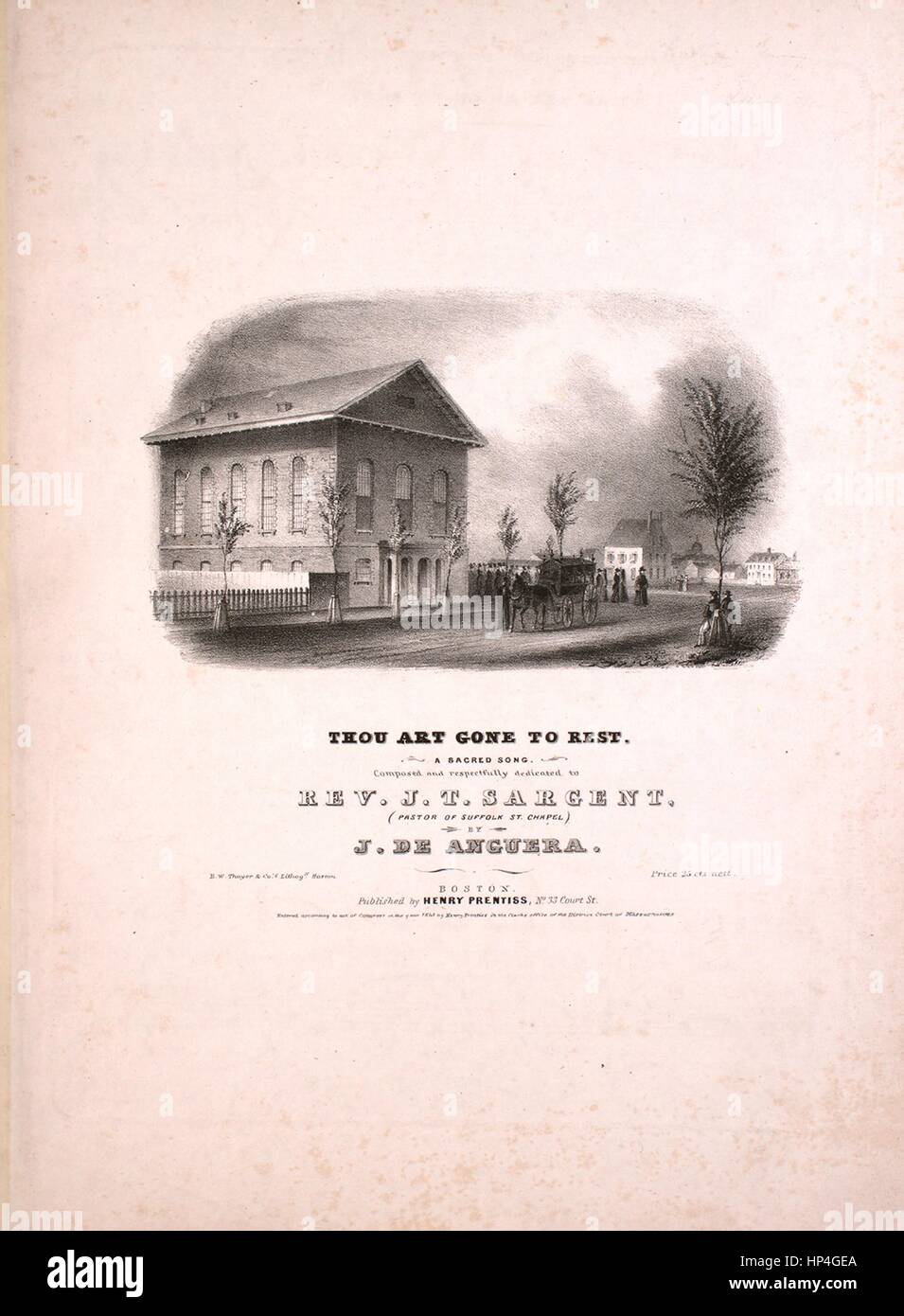 Sheet Music image de couverture de la chanson 'Tu es allé reste un chant sacré', avec 'Lecture notes auteur original composé par J De Anguera', United States, 1841. L'éditeur est répertorié comme "Henry Prentiss, n° 33, rue de la cour', la forme de composition trophique', 'est l'instrumentation est 'piano et voix", la première ligne se lit 'Tu es allé se reposer dans un seul lit, forme douce de mon enfant précieux !', et l'illustration artiste est répertorié comme "B.W. Thayer et Co. pour Lithogy. Boston'. Banque D'Images