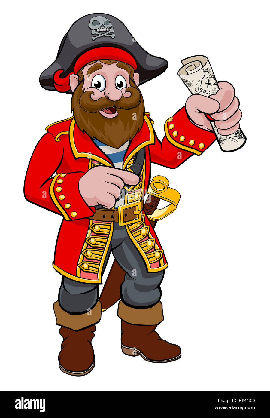 Une illustration d'une caricature sympathique de pointage pirate tenant une carte de trésor Banque D'Images