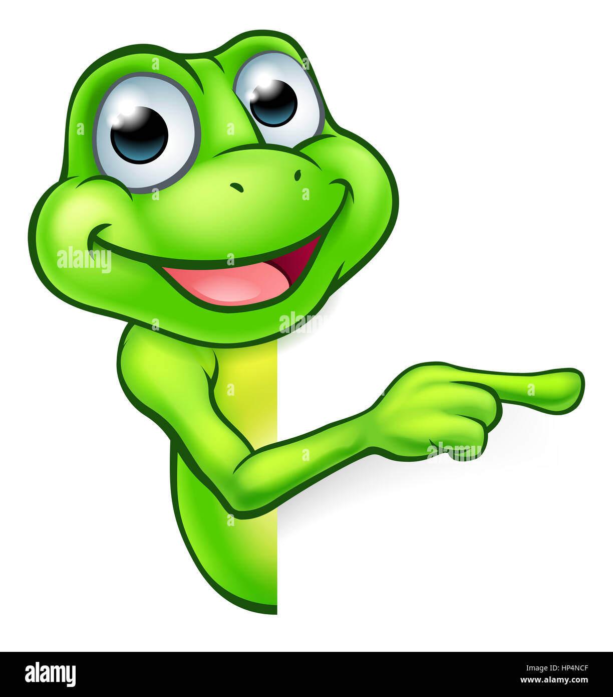 Une illustration d'une grenouille cute cartoon mascot character peeking autour d'un signe et de pointage Banque D'Images