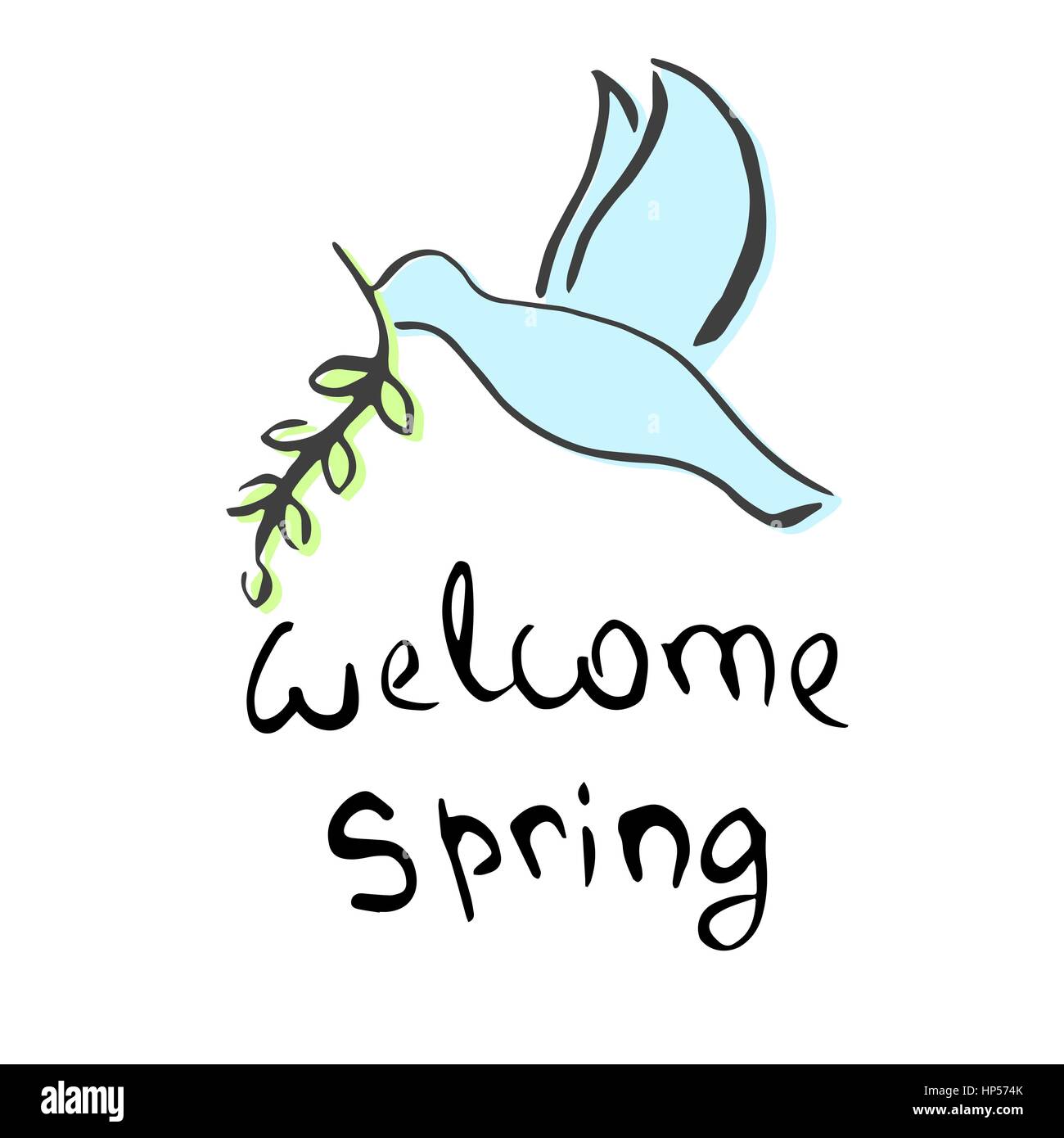 Bienvenue au printemps, lettrage pour poster, Publicité, cartes postales, estampes, textile, bannière, décoration, web, blog. Colombe mignon avec une brindille dans le bec. Illustration de Vecteur