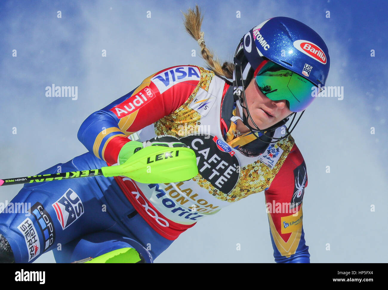 Saint-Moritz, en Allemagne. 16Th Jun 2017. Mikaela Shiffrin provenant des États-Unis au cours de la discipline du slalom féminin au Championnats du Monde de Ski Alpin à St-moritz, Allemagne, 18 février 2017. Photo : Michael Kappeler/dpa/Alamy Live News Banque D'Images