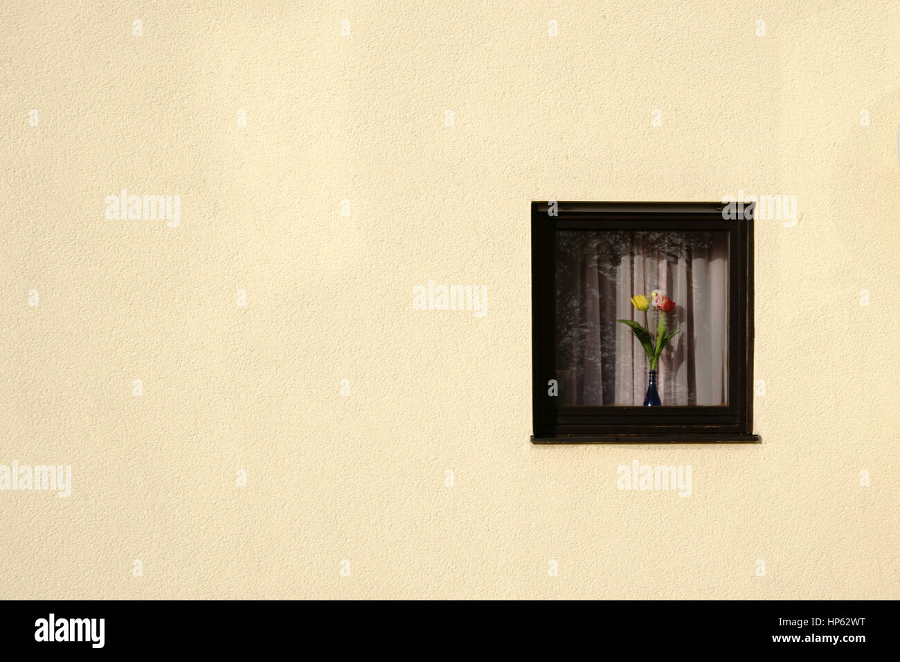 La façade d'un enduit grossier immeuble résidentiel avec une petite fenêtre dans laquelle un vase de fleurs. Banque D'Images