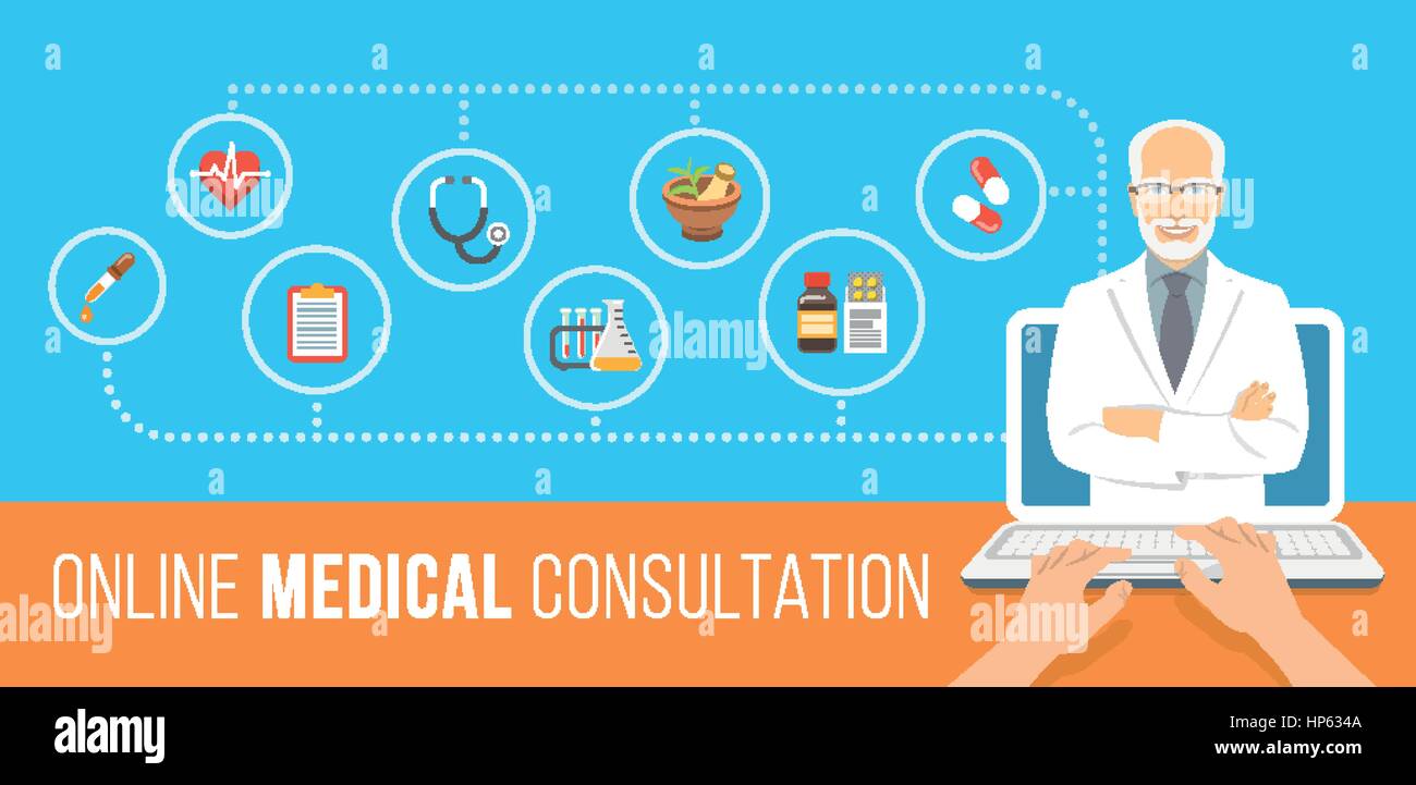 Consultation en ligne sur les soins de santé télévision bannière conceptuelle. L'assistance médicale par internet. Consultant Senior homme médecin donne des informations sur la médecine Illustration de Vecteur