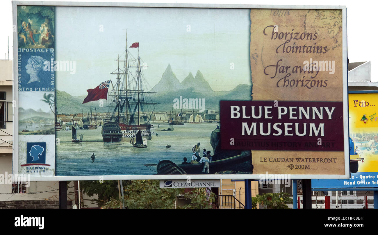 Port Louis, Maurice, bleu Blue Penny Museum, Maurice, affiche publicitaire pour Blue Penny Museum Banque D'Images