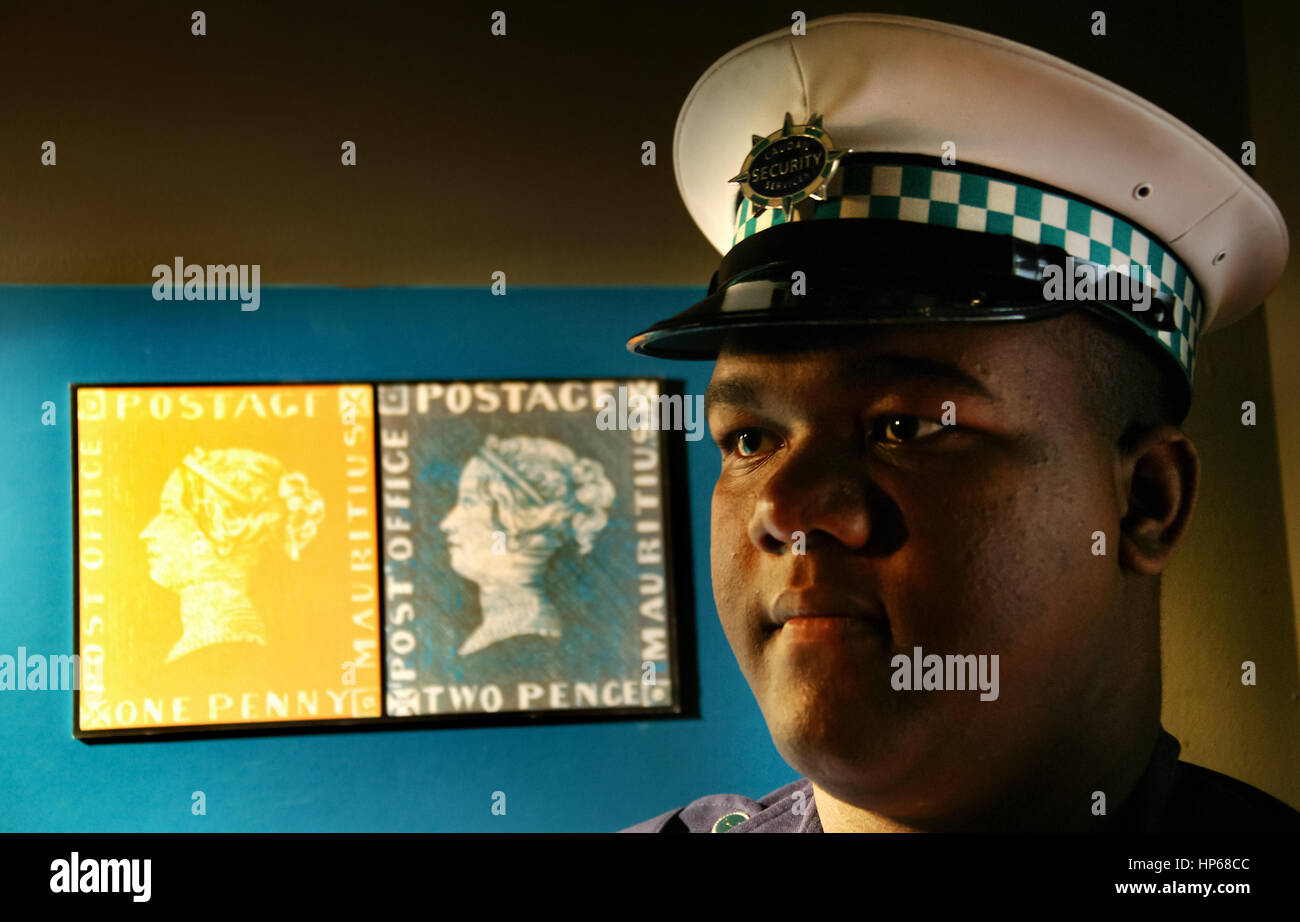 Wachmann vor der Blue Penny, un pence, deux pence, Port Louis, Maurice, Blaue Blue Penny Museum, Blue Penny Museum Banque D'Images