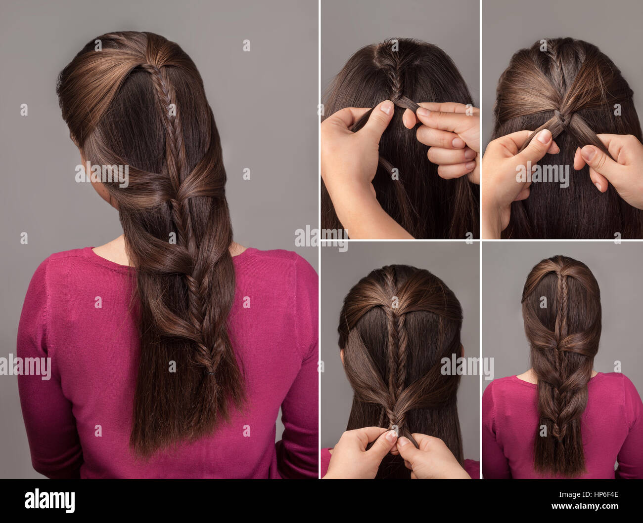 Tresse en y .tutoriel Méthode de tresse française.Processus du tissage tresse en y.Coiffure pour cheveux longs Banque D'Images