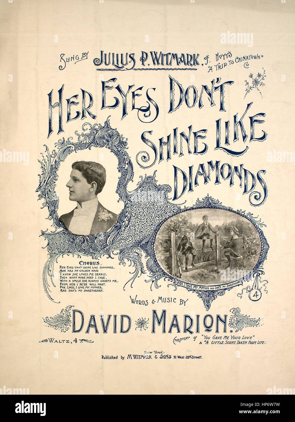 Sheet Music image de couverture de la chanson 'Les yeux ne brillent comme  des diamants, avec des notes de l'auteur original à lire 'Paroles et musique  de David Marion', United States, 1894.