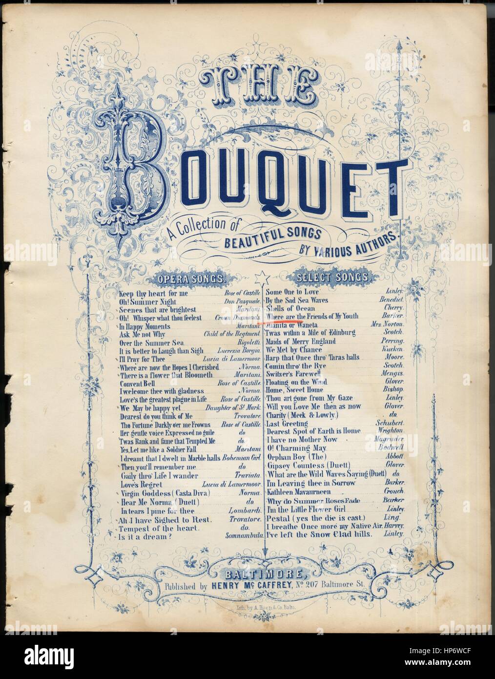 Sheet Music image de couverture de la chanson 'Où sont les amis de ma jeunesse ? No5 de jette de la beauté titre de la série Le bouquet Une collection de belles chansons', avec une œuvre originale à lire 'notes' George Barker, United States, 1900. L'éditeur est répertorié comme "Henry McCaffrey, n° 207, rue de Baltimore', la forme de composition trophique', 'est l'instrumentation est 'piano et voix", la première ligne se lit 'Où sont les amis de ma jeunesse, disons, où sont ceux qui chérissent avait disparu ceux ?', et l'illustration artiste est répertorié comme 'Lith. par A. Hoen et Co. Balto.'. Banque D'Images
