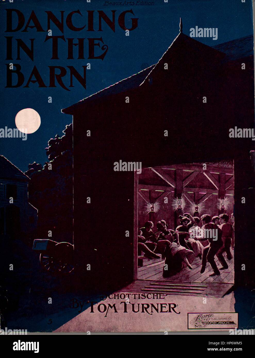 Sheet Music image de couverture de la chanson 'Dancing dans la grange Schottische', avec une œuvre originale lecture notes 'Melody par par Tom Turner et Ed W Orrin Arr par Chas E Pratt', United States, 1900. L'éditeur est répertorié comme 'Eclipse Publishing Co.', la forme de composition est 'sectional', l'instrumentation est 'piano', la première ligne se lit 'Aucun', et l'illustration artiste est répertorié comme '[Jenkins ?]'. Banque D'Images