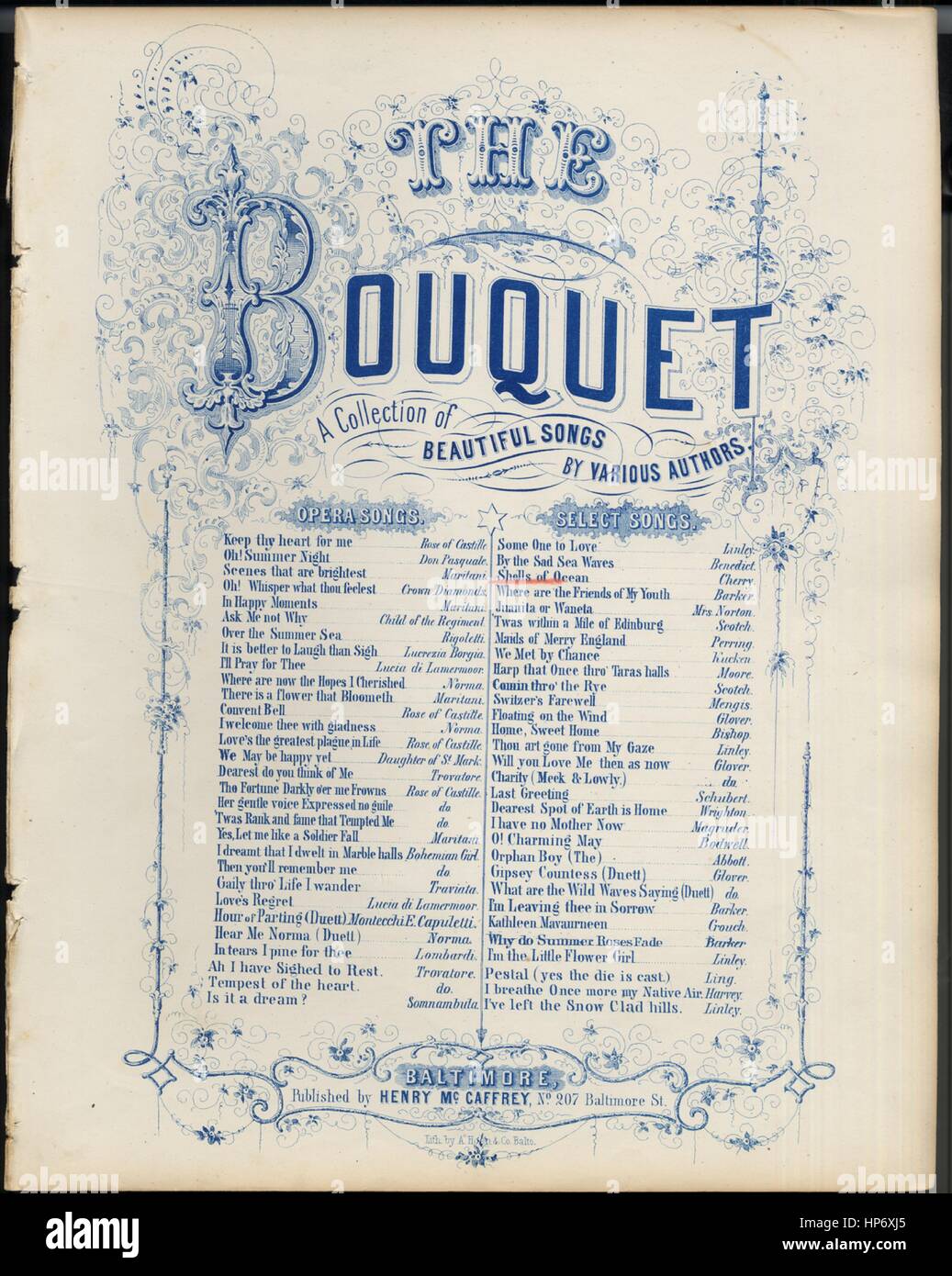 Image de couverture partitions de la chanson 'Shells of Ocean série intitulé Le bouquet Une collection de belles chansons, avec des notes de l'auteur original à lire 'jette de la beauté No3 [texte] [Musique] par JW Cherry', United States, 1900. L'éditeur est répertorié comme "Henry McCaffrey, n° 207, rue de Baltimore', la forme de composition trophique', 'est l'instrumentation est 'piano et voix", la première ligne se lit "Un été avec eve, pensive, je pensais qu'errer sur la terre seabeat', et l'illustration artiste est répertorié comme 'Lith. par A. Hoen et Co. Balto.'. Banque D'Images