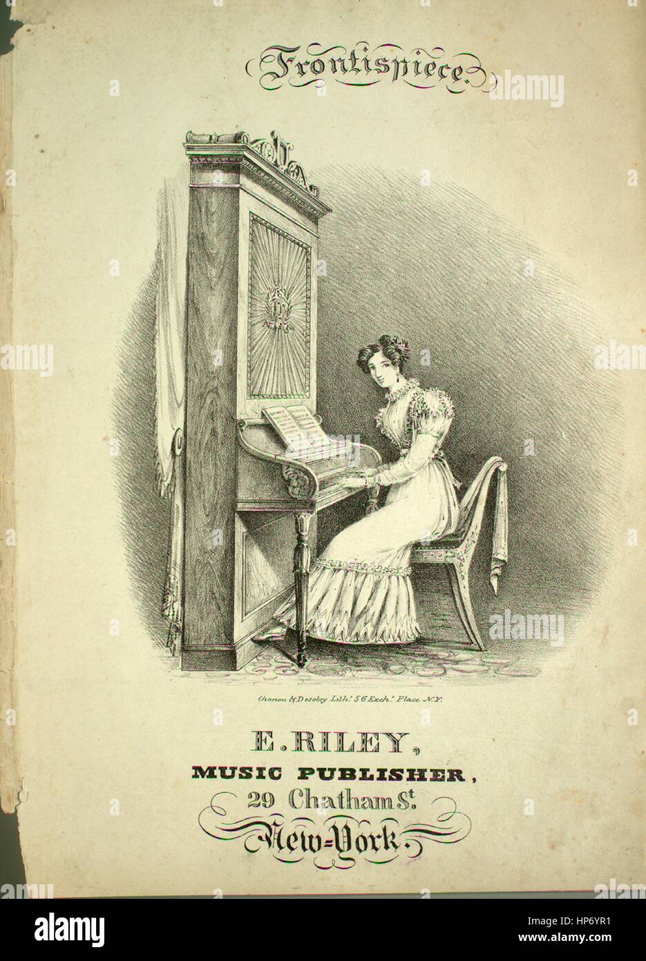 Sheet Music image de couverture de la chanson 'Frontispice [untitled]', avec une œuvre originale lecture notes 'na', United States, 1900. L'éditeur est répertorié comme "E. Riley, 29 rue Chatham', la forme de la composition est 'couvrir uniquement, pas de musique', l'instrumentation est 'Aucun', la première ligne se lit 'Aucun', et l'illustration artiste est répertorié comme 'Chanou et Desobry Lith., 56 Exche. Place, N.Y.". Banque D'Images