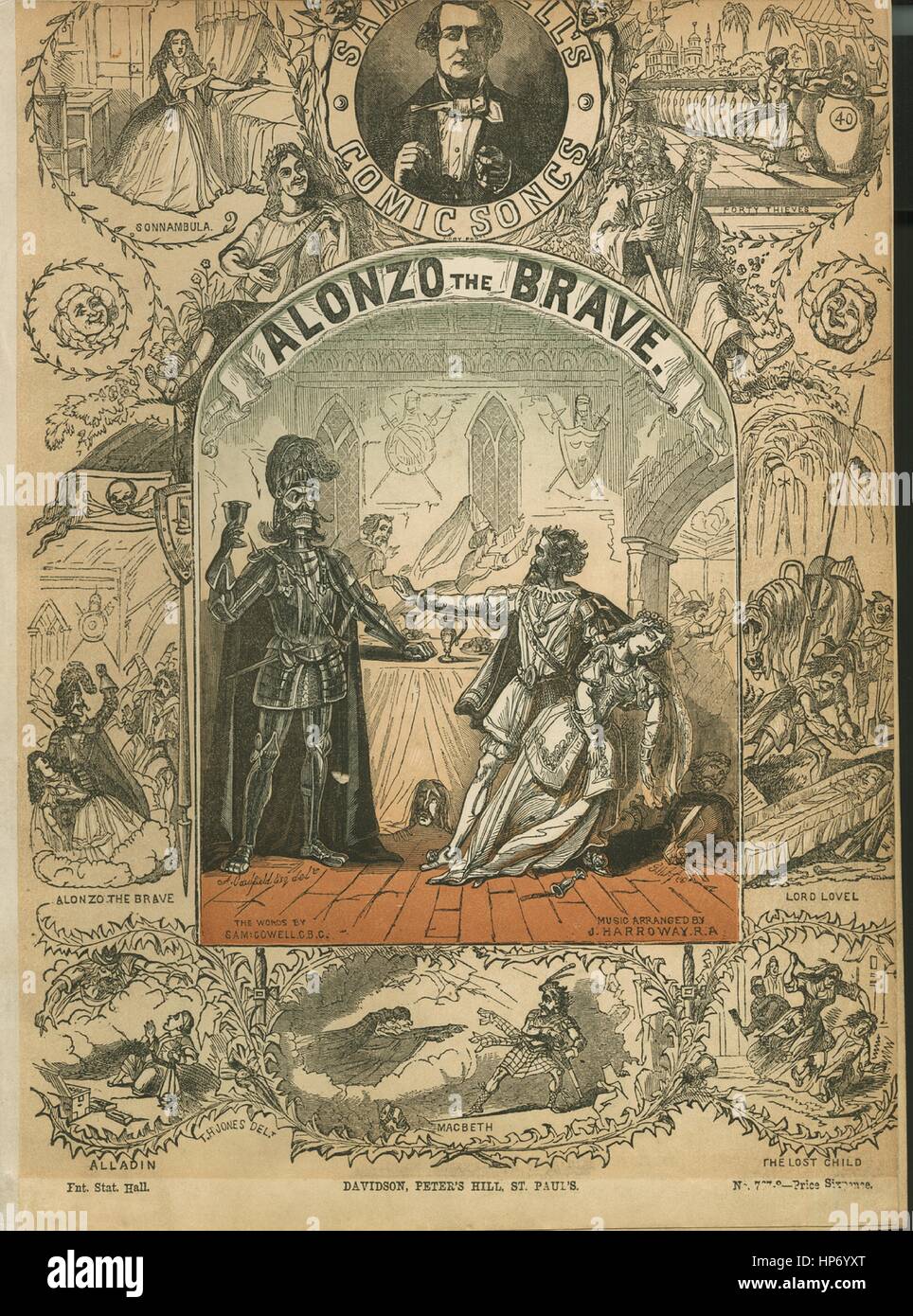 La couverture de la musique de feuille est l'image de la chanson 'Alonzo le Brave et la foire Imogine', avec des notes originales de l'auteur lisant 'les mots de Sam Cowell, CBC; musique arrangé par J Harroway, RA', 1900. L'éditeur est inscrit comme 'Davidson, Peter's Hill, St. Paul', la forme de composition est 'par-composé; cite plusieurs mélodies, [p. ex. 'Vieux gentleman anglais,' 'prig de Shillelah,' et 'le Mistletoe Bough'].', l'instrumentation est 'piano et voix', la première ligne est "Oh, je vais vous chanter une histoire, que je suppose que vous connaissez tous", et l'artiste d'illustration est inscrit comme 'A. Caulfield, E Banque D'Images
